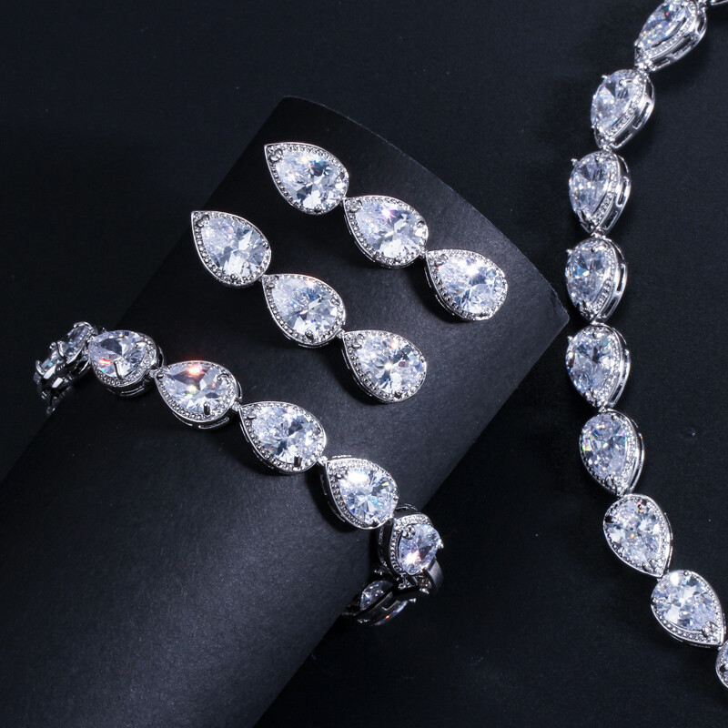 Silver Plated Bridal Wedding CZ Drop Necklace Bracelet Earrings Set for Women