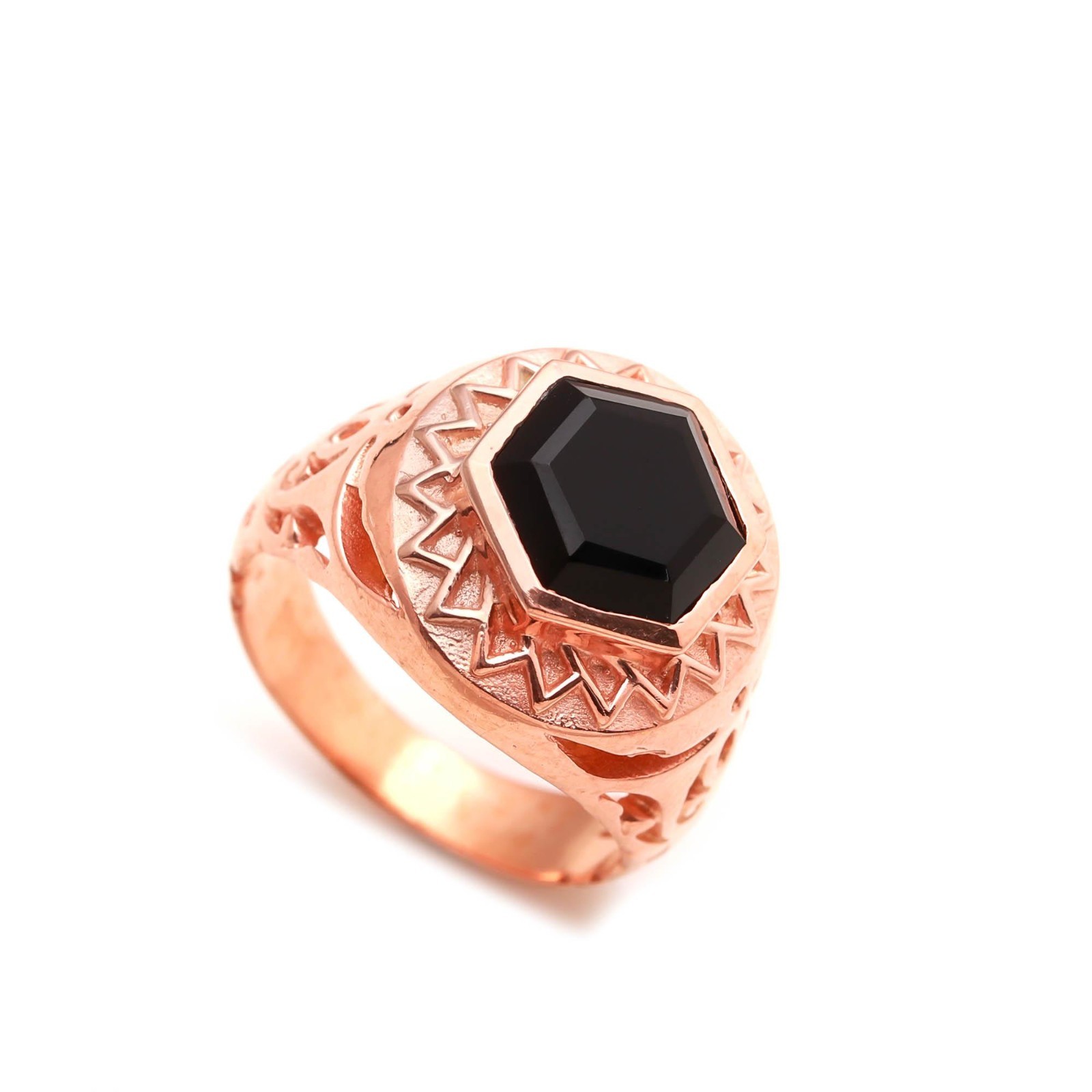 Natural Black Onyx Hexagon Ring Rose Gold Fill 925 Sterling Silver Boho Jewelry