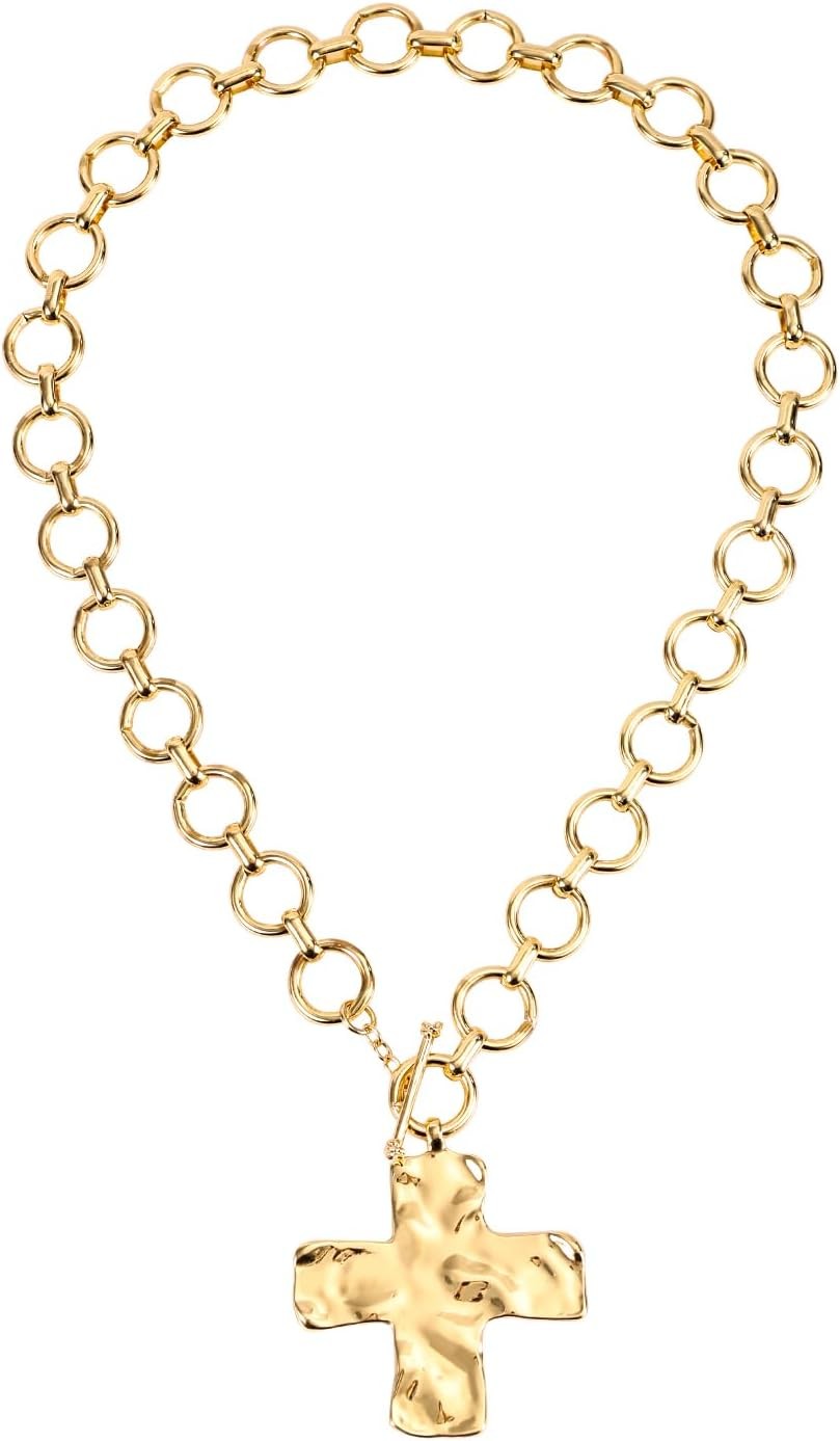 Hammered Cross Necklace, Chunky Statement Gold Cross Chain Necklace Gold Bold Cr