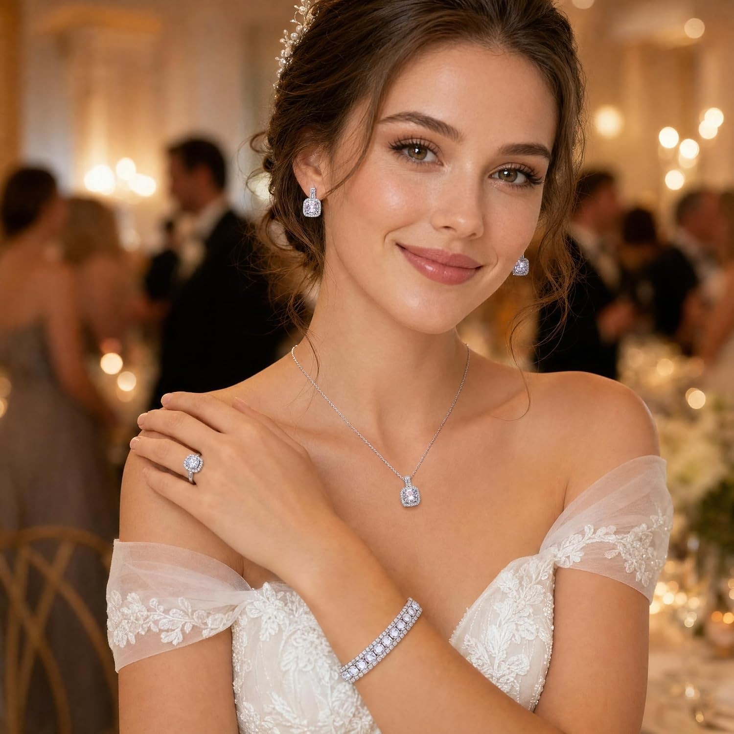 Cubic Zirconia Jewelry Set Necklace Earrings Bracelet Ring 4pcs