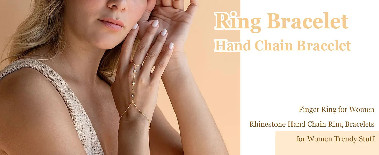 Hand Chain Bracelet with Ring Zircon Adjustable 14K Gold Plated Dainty Women