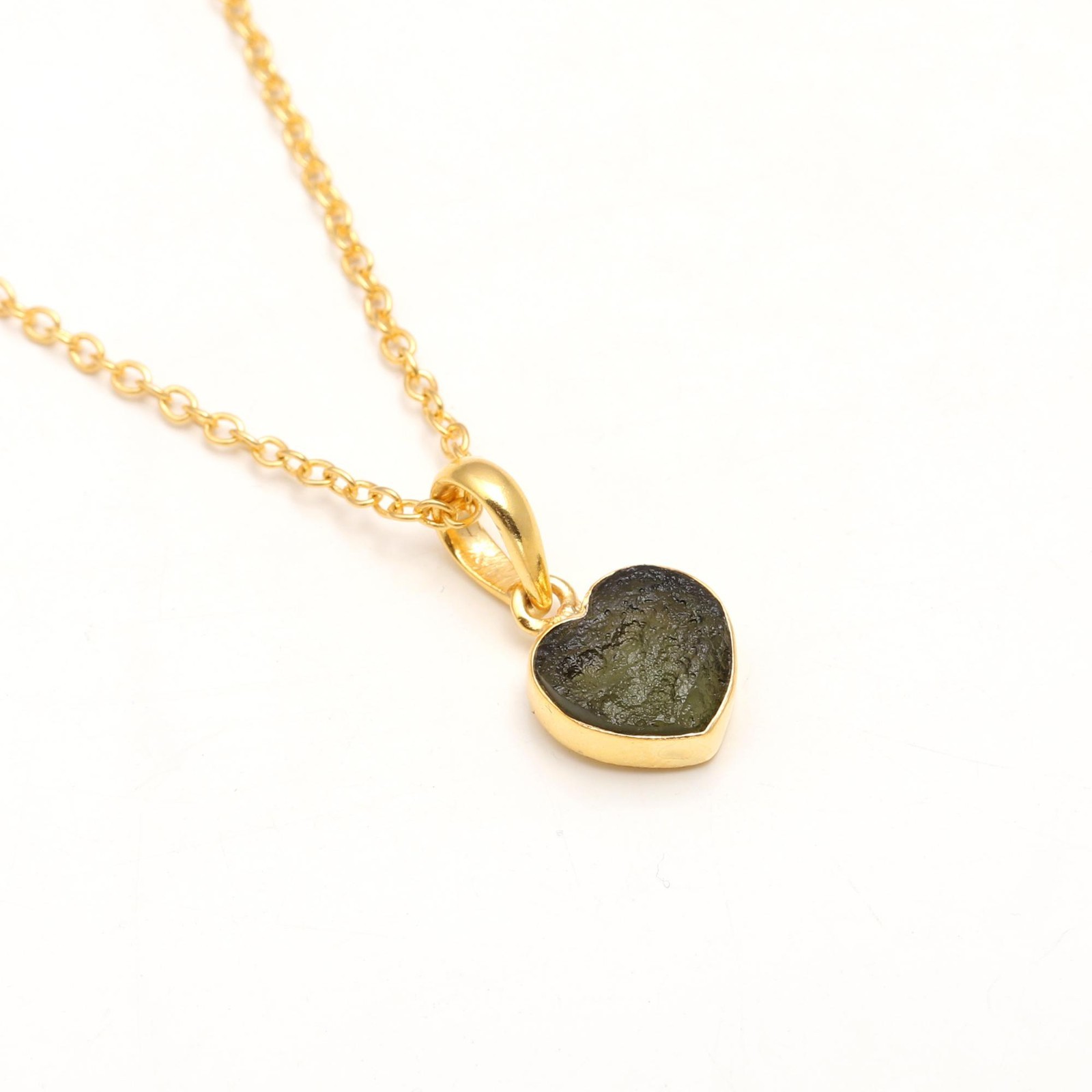 Raw Moldavite Heart Chain Pendant Gold Plated 925 Sterling Silver Unique Jewelry