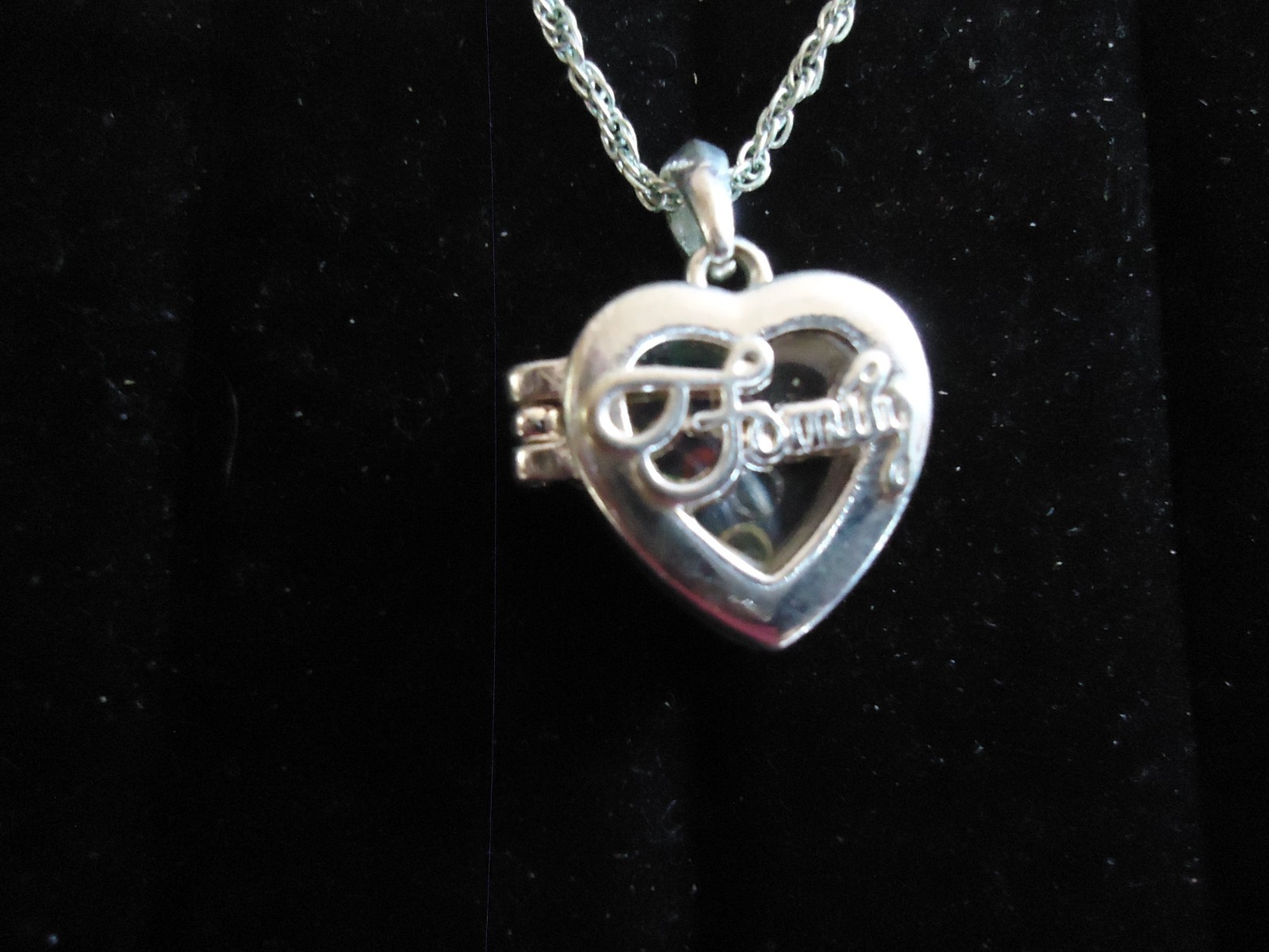 NWOT Silver Tone Metal Chain Necklace With Heart Locket Pendant “Family” 18-20″