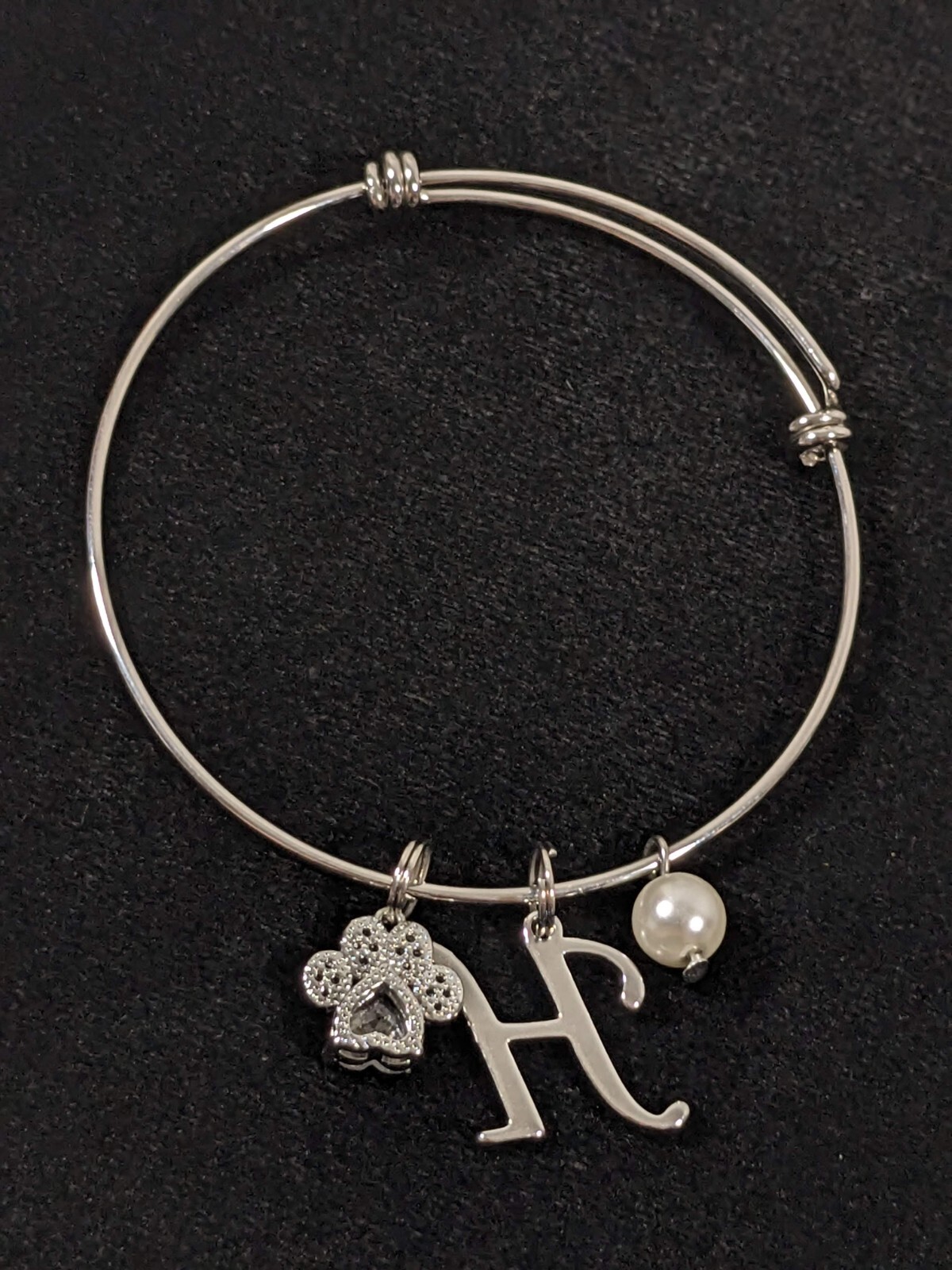 Silver Tone Initial Letter H Paw Print Crystal Faux Pearl Charm Bracelet 8.5 in