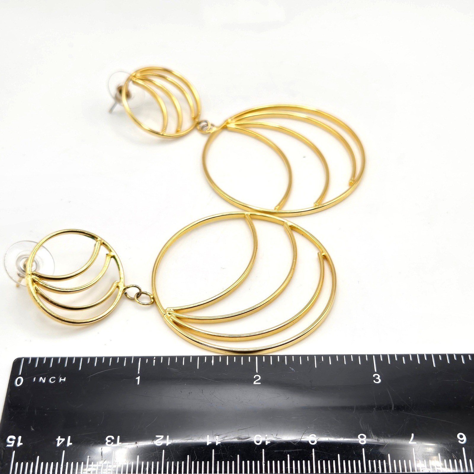Gold Tone Multi Hoop Concentric Circle Drop Earrings Statement Geometric Post