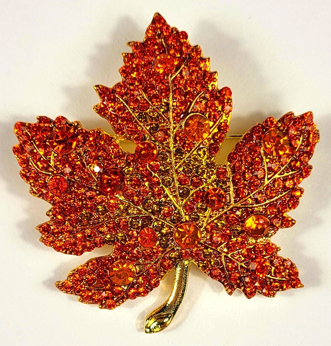 48mm Red Orange Rhinestone Maple Leaf Brooch Fashion Lapel Pin Badge + Gift Box