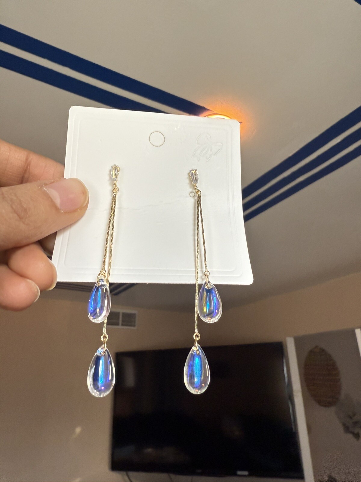 Long Aurora Borealis Earrings Iridescent Dangle Clear Rainbow Crystal Earrings