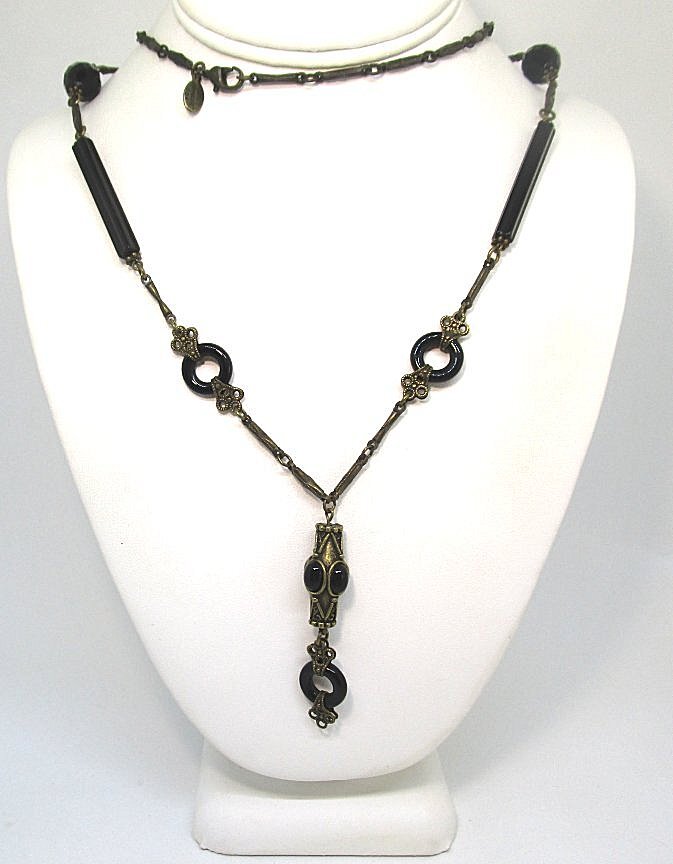SWEET ROMANCE Pendant Necklace w Bronze Tone and Glass 36” long pendant: 2 1/2”