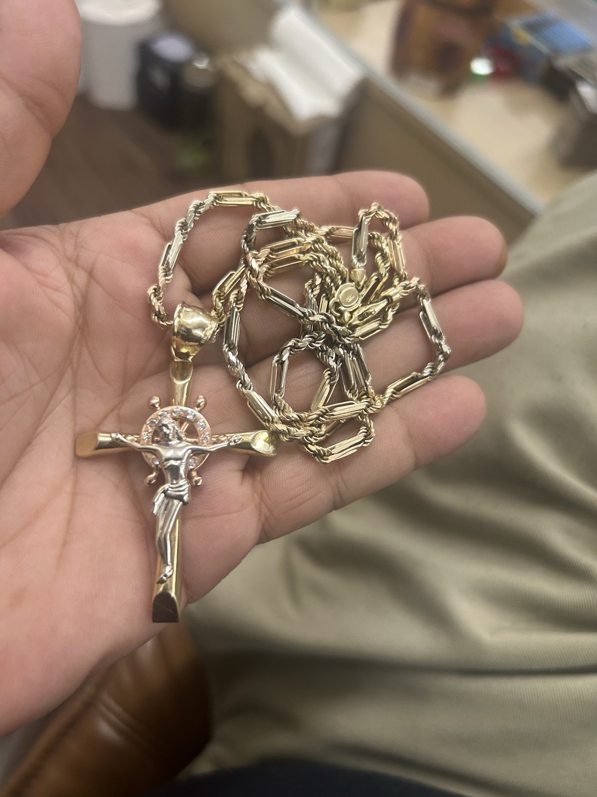 14K gold tri colored Milano Cross Pendant & Chain 29.5 grams total