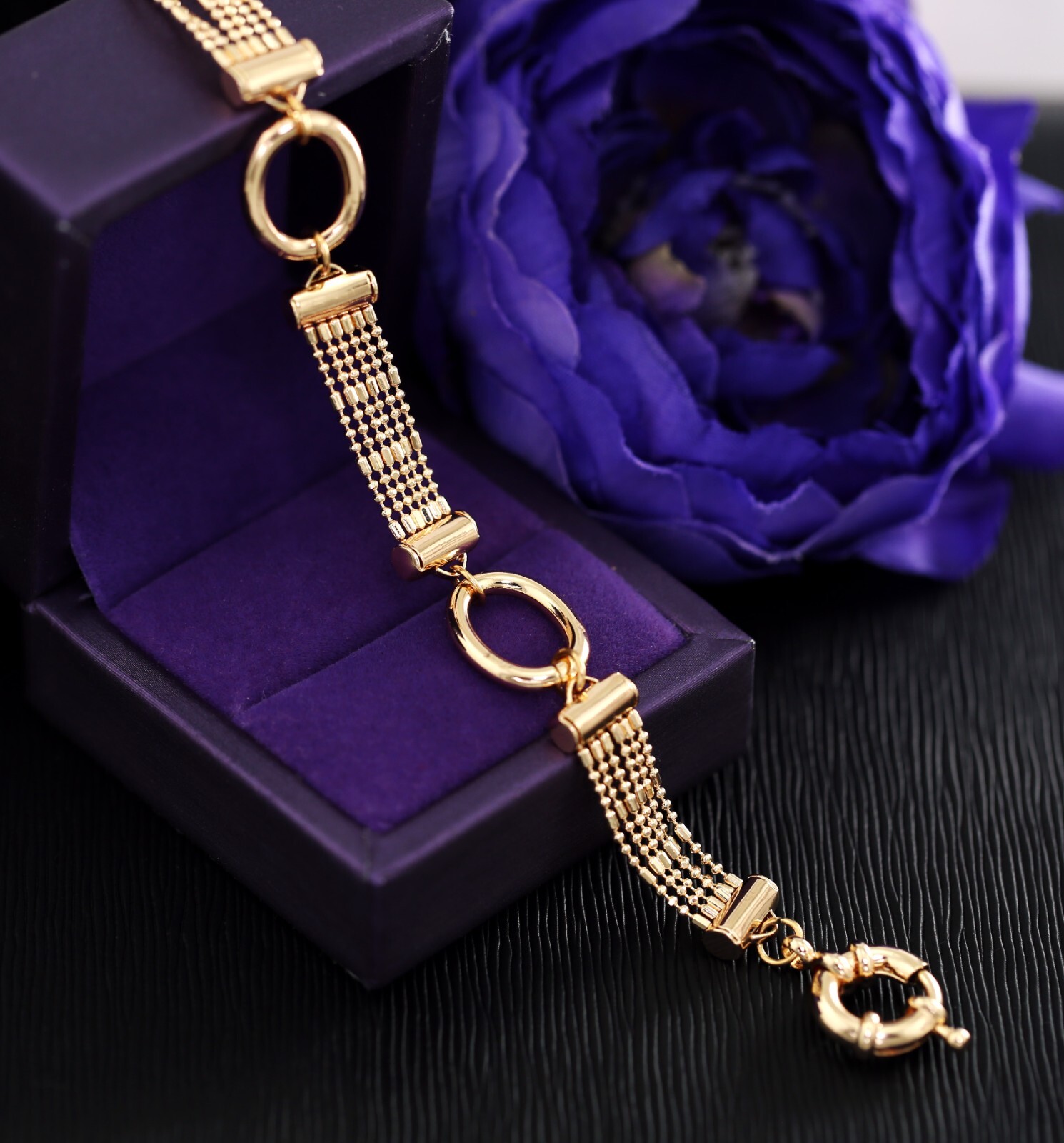 18K ROSE GOLD FILLED MULTI BEADED O LINKS CHAIN BOLT RING BANGLE BRACELET 18.5CM