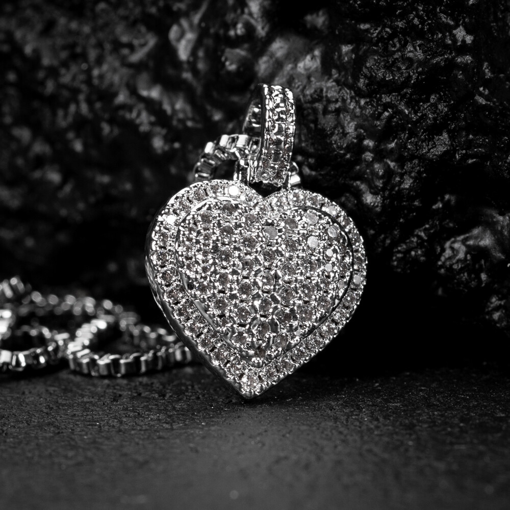 Small Iced Cz Mini Women’s White Gold Plated Heart Shaped Pendant Necklace