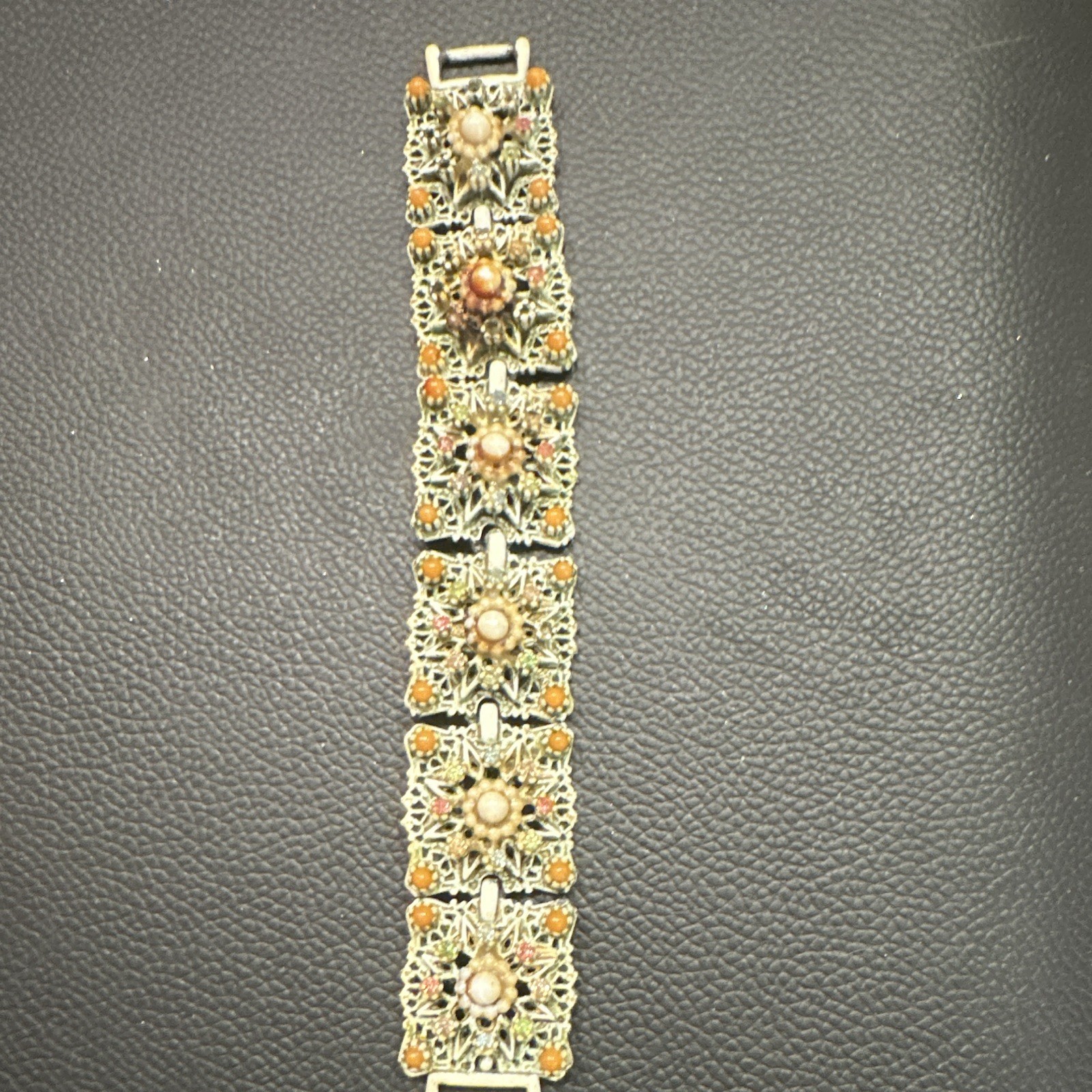 Vtg ART Arthur Pepper Enamel Filigree Bracelet Faux Pearl Orange Coral Color
