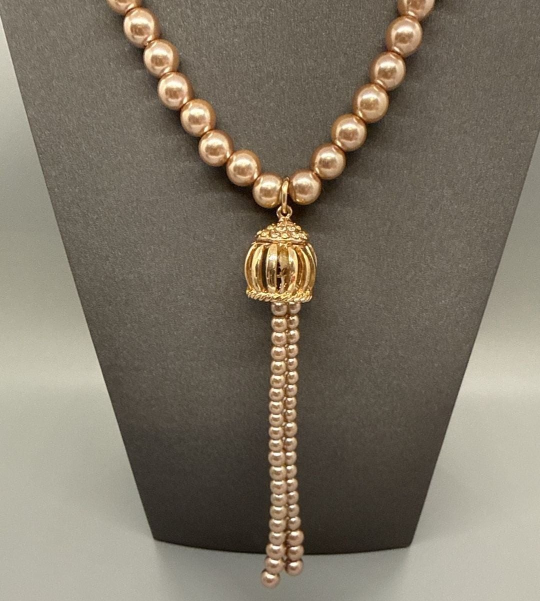 Faux Pearl Lariat Necklace w/ Gold Tone Cage Tassel, Length 29” + 4.5” Pend