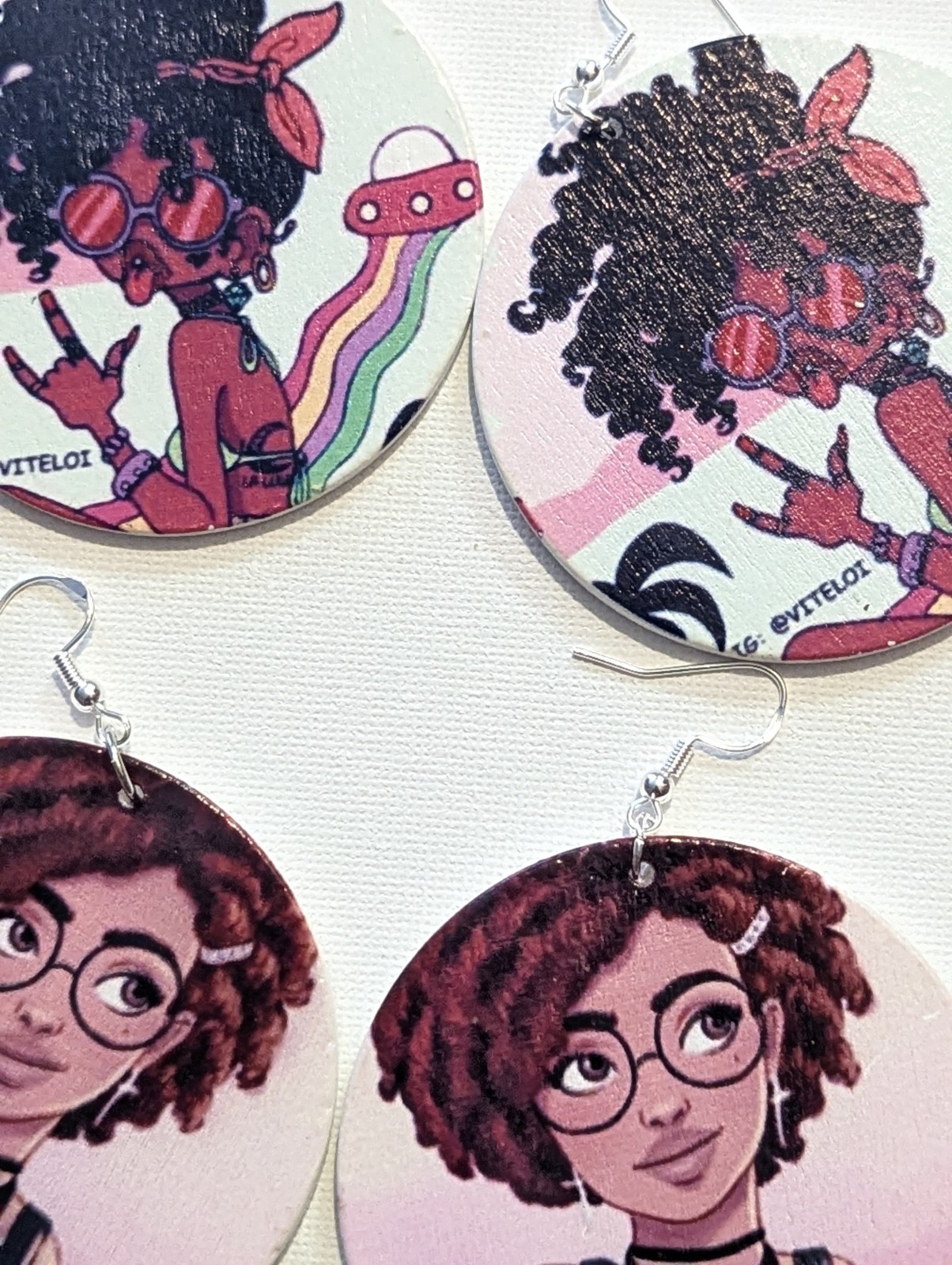 Multicolor Round Art Cartoon Girl Print Wood Dangle-Drop Hook Earrings