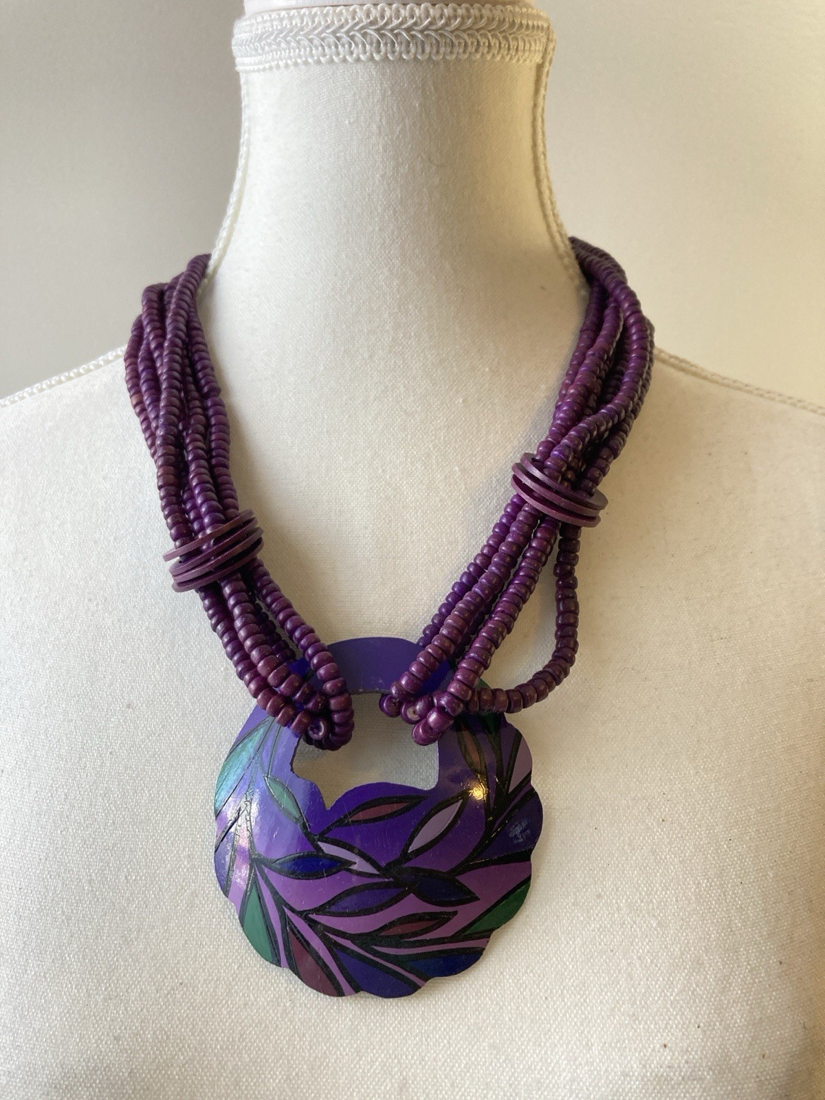 Artsy Wooden Beaded Necklace Statement Pendant Artisan Purple Hand Painted Bold