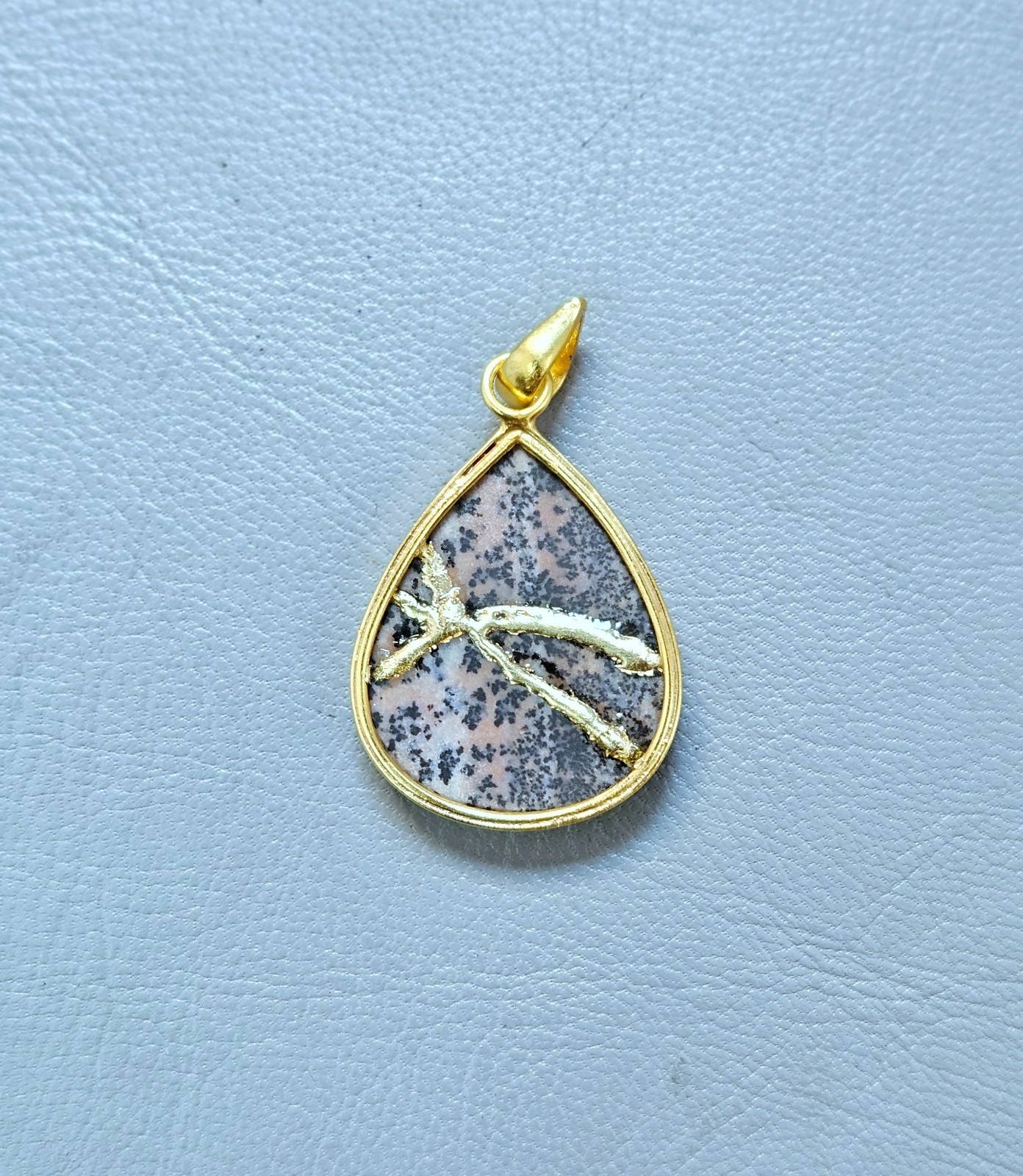 Necklace Dendritic Agate Pendant Kintsugi Art Brass Gold Plated Jewelry Gift