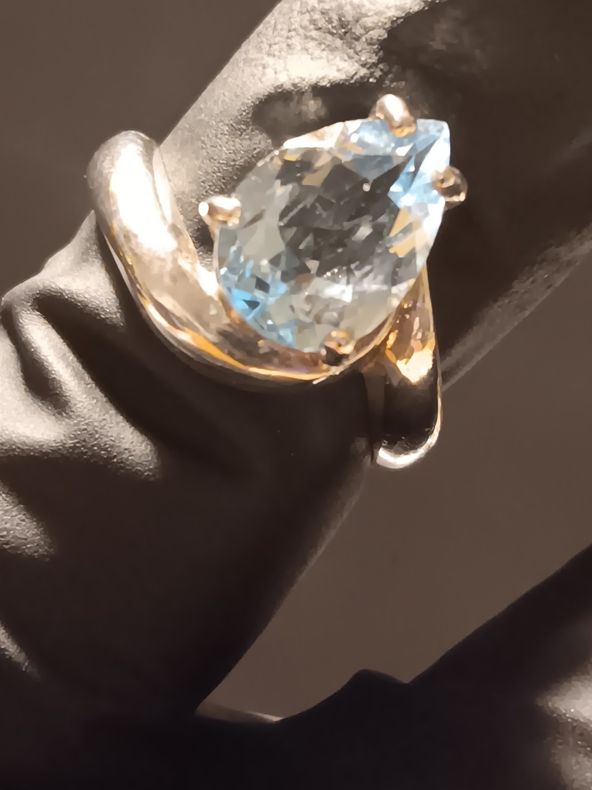Silver Flawless Blue Topaz Retro Style Pear Shape Ring Size 7