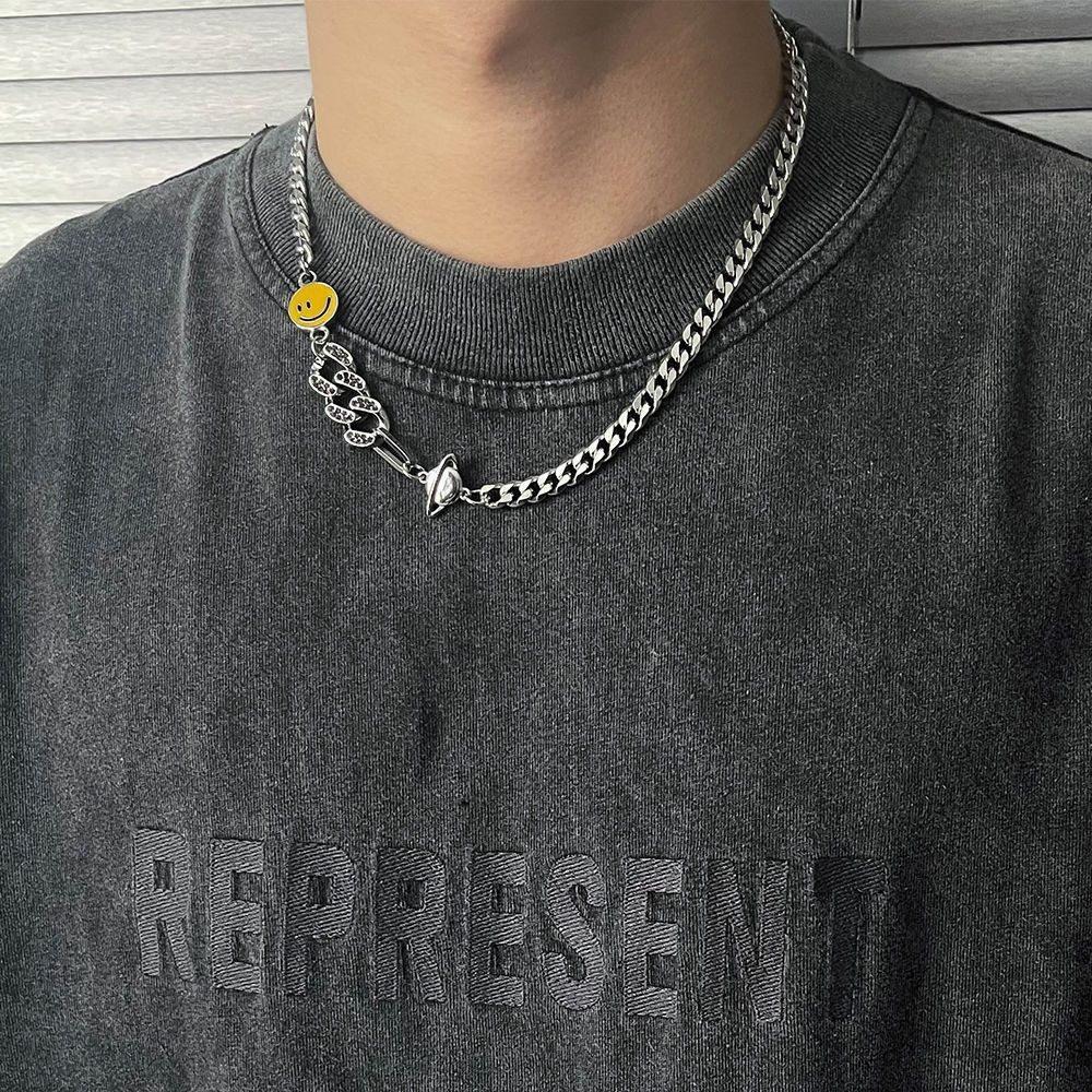 Silver Cuban Men Necklace Smiley Saturn Rhinestone Link Punk Street Jewelry