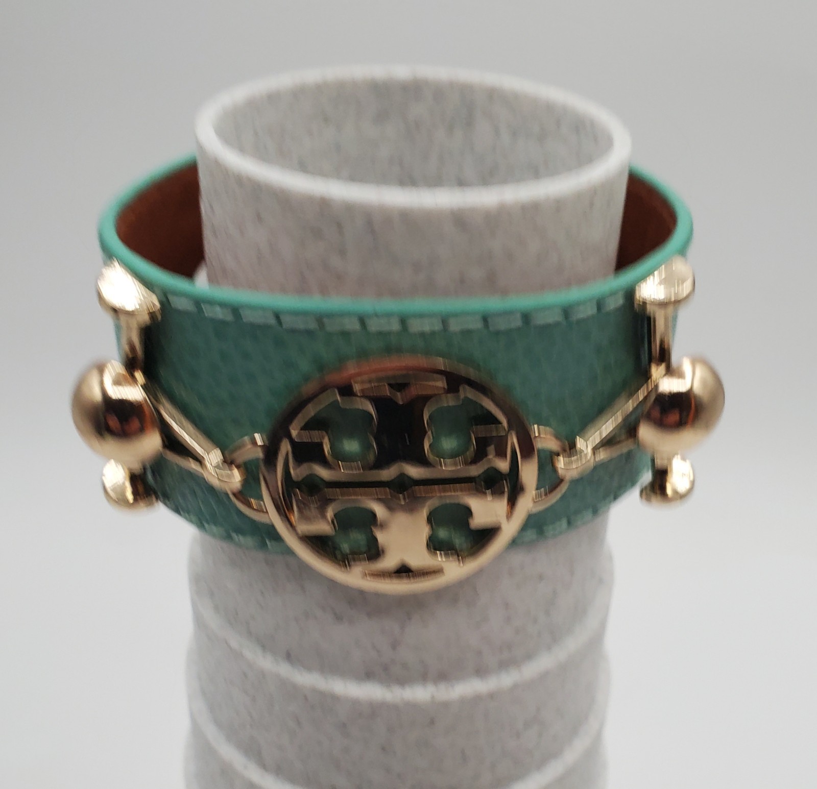 TT Monogram Wrap Bracelet 1in Wide Mint Green Pebble Leather Gold Tone Hardware