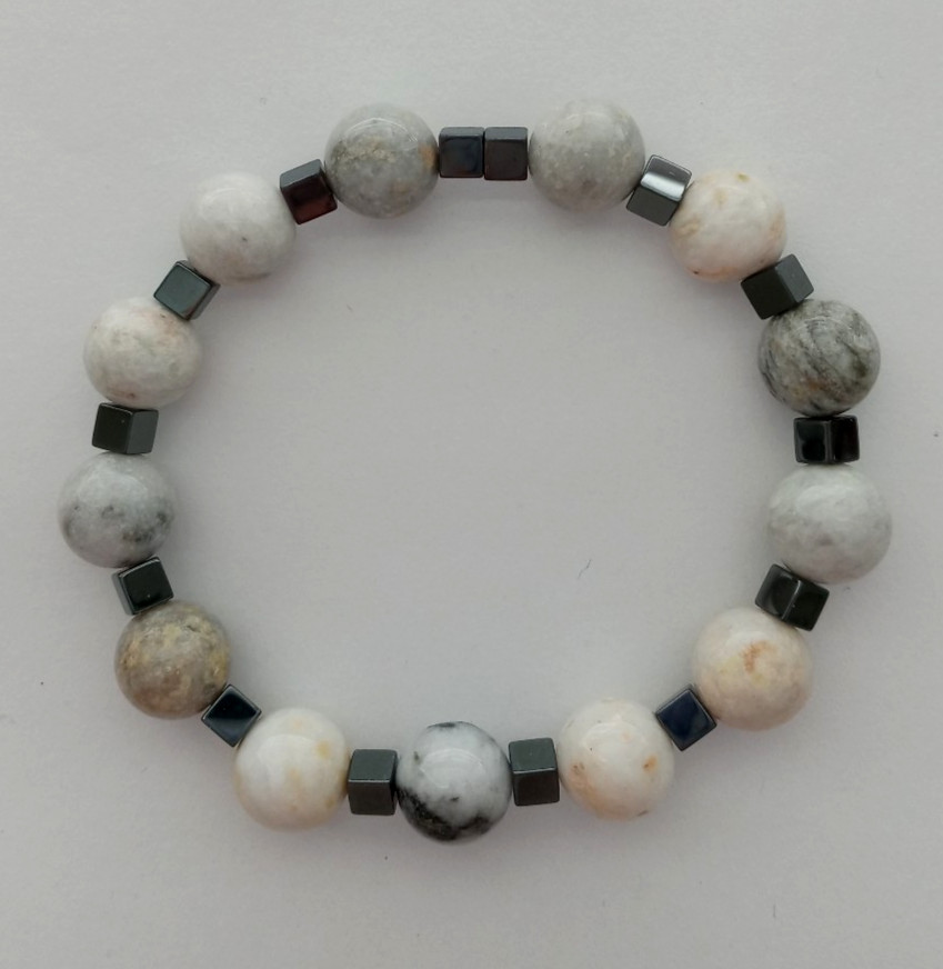 NEW 10MM MOUNTAIN JADE & HEMATITE BEADED BRACELET, BUY ANY 2 GET 3RD FREE