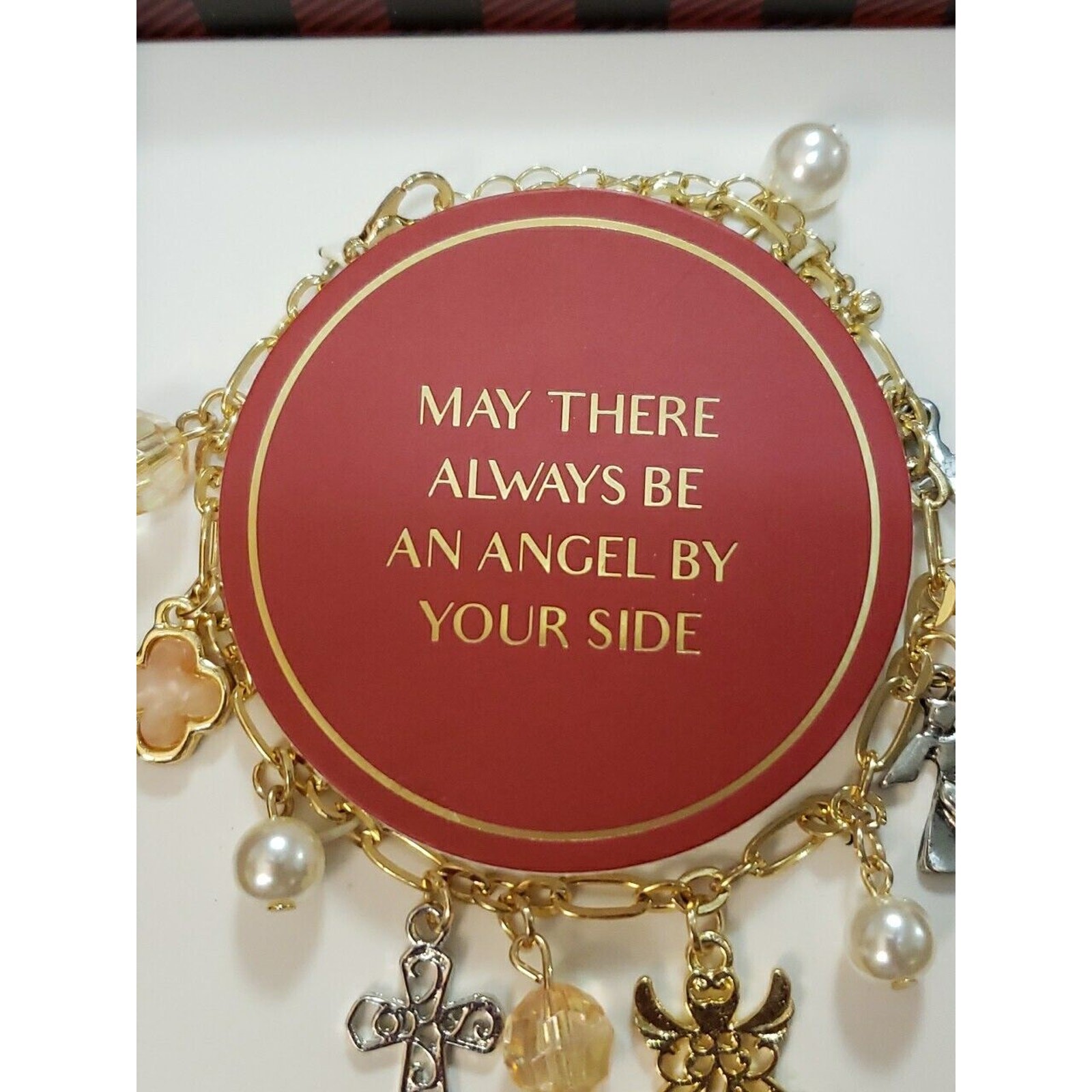 Gold Tone Charm Bracelet With Angels Crosses Faux Pearls & Pale Peach Beads, New