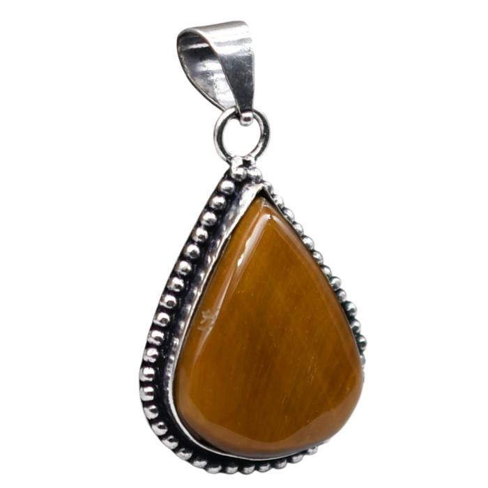 Tiger Eye Natural Gemstone Antique Silver Plated Pendant 2″ J 1075