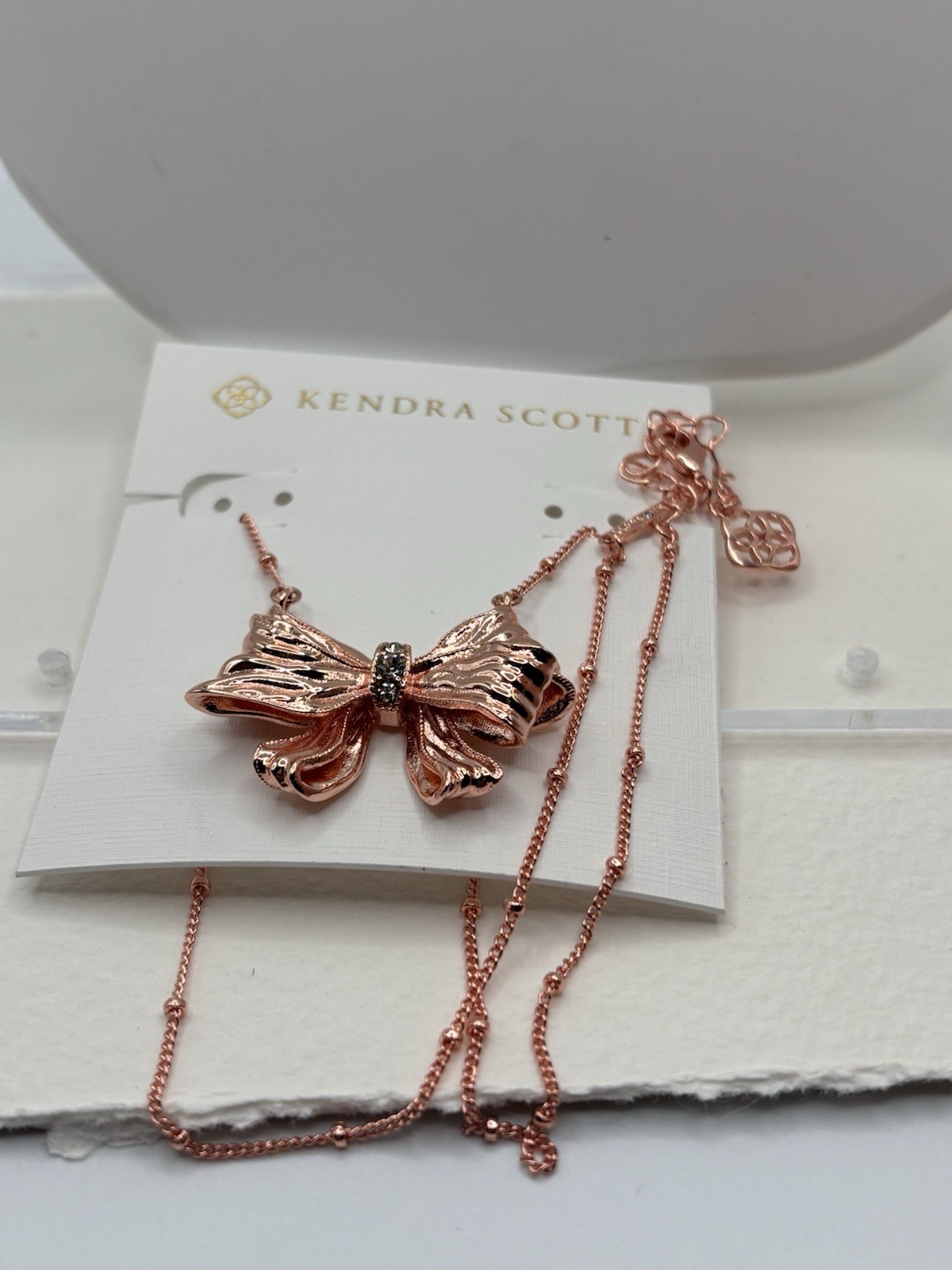 Kendra Scott Rose Gold Plated Bow Charm Pendant Necklace Crystal Lobster