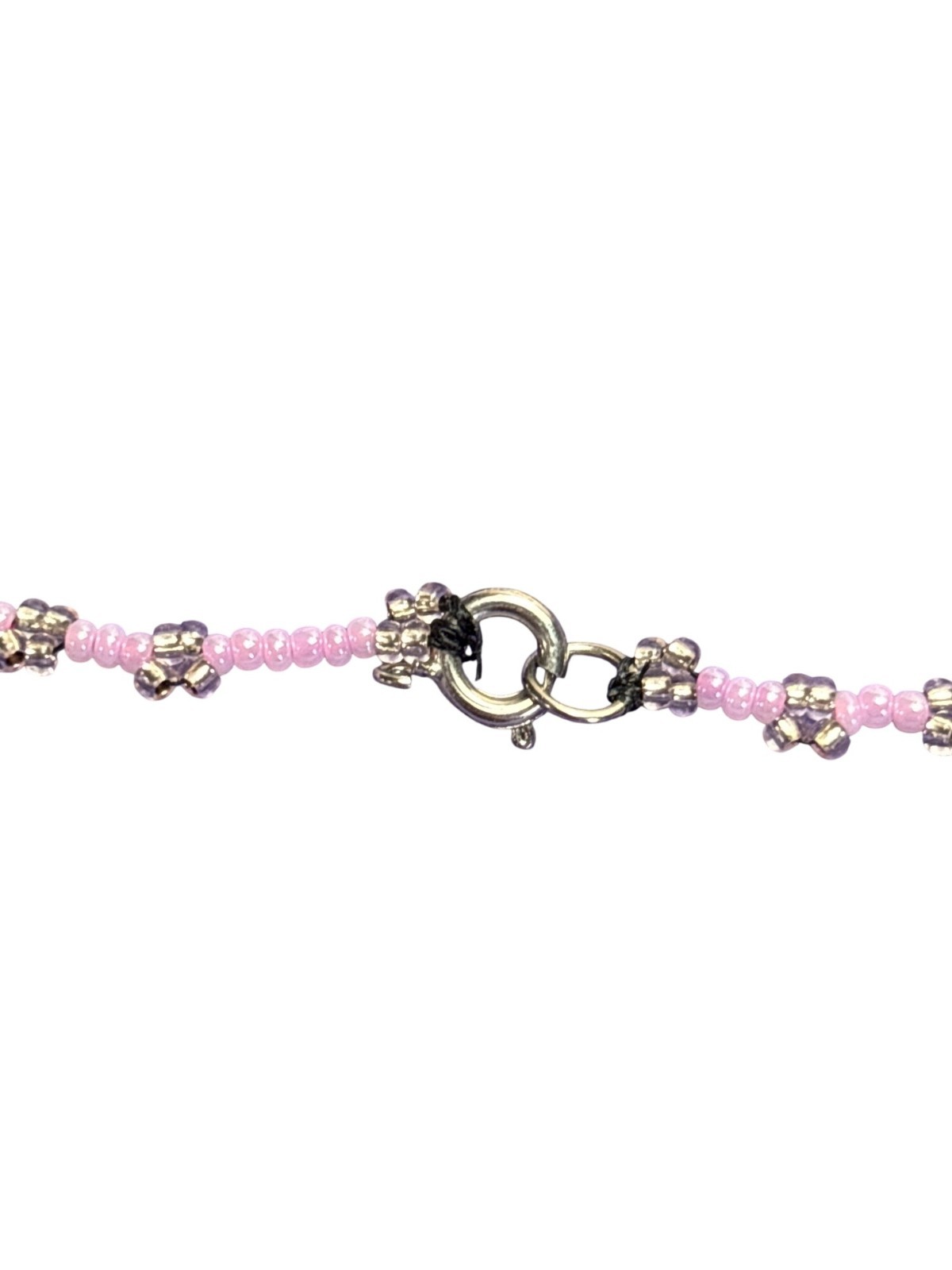Artisan Seed Beed Necklace Jade Stone Pink Clear Silvertone Spring Ring Clasp