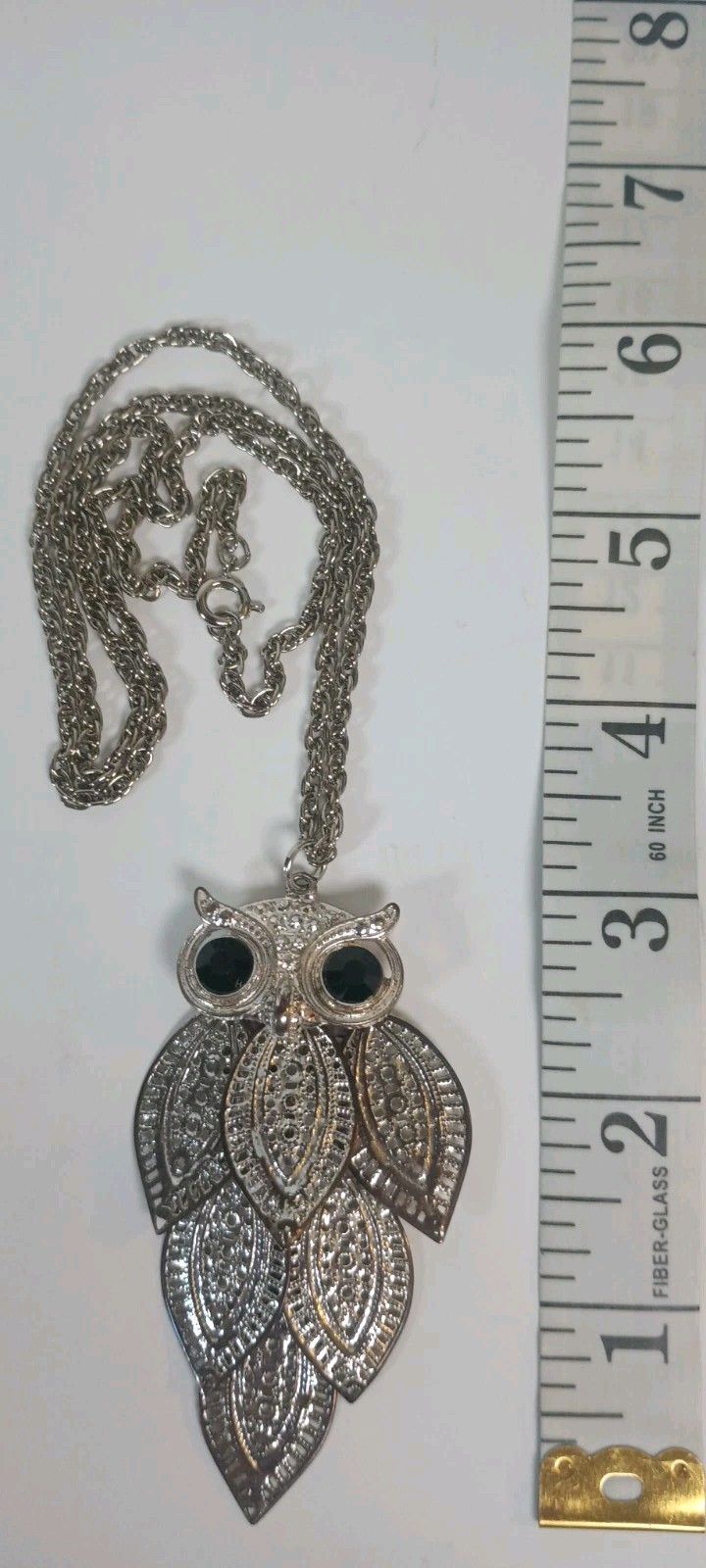 Vintage Articulated Silver Tone Owl Pendant Necklace Black Round Rhinestone Eyes