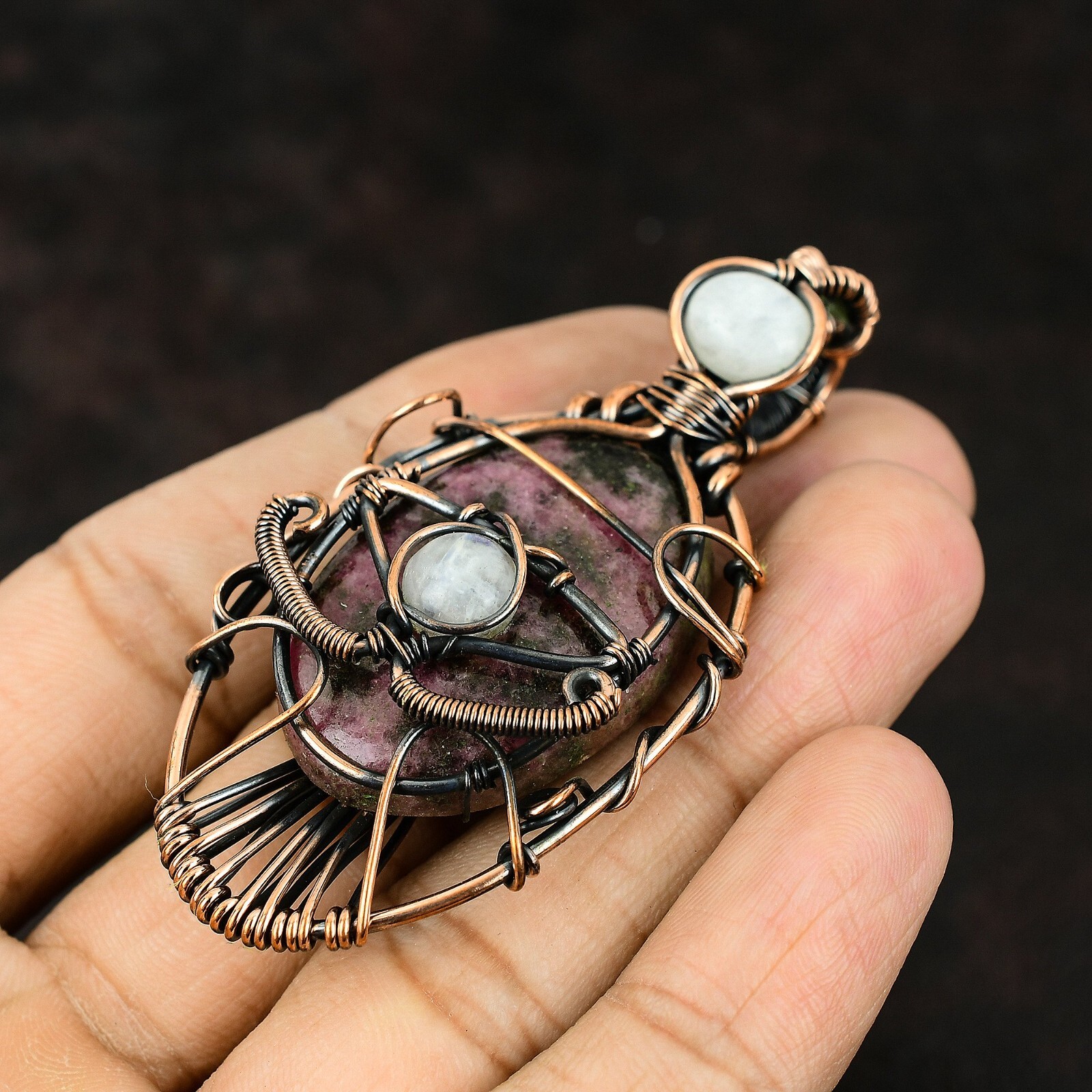 Valentines Sale Oval Rhodonite Gemstone Rainbow Moonstone Copper Pendant Jewelry