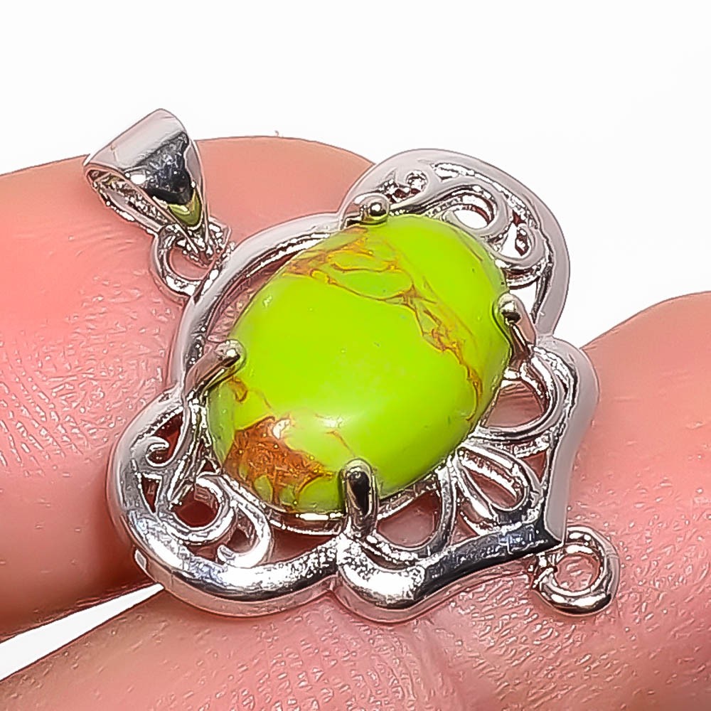 Copper Green Turquoise 925 Silver Plated Pendant 1.09″ P7461-44