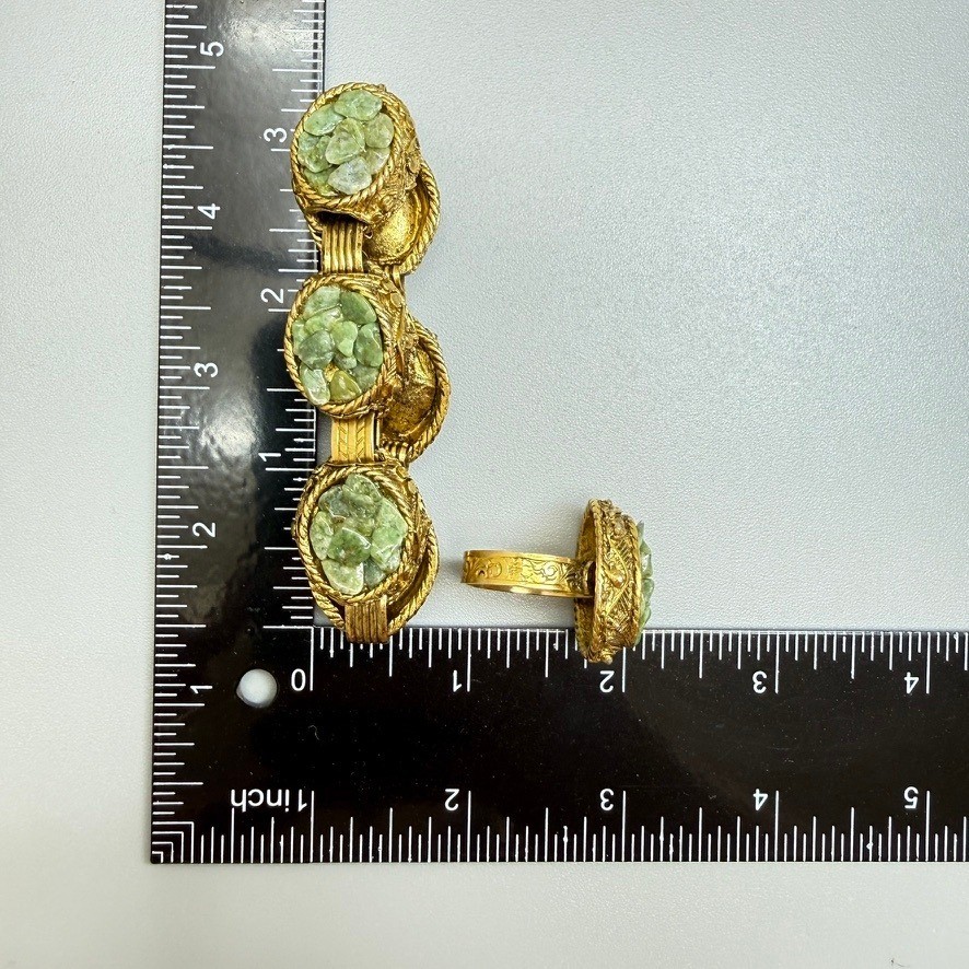 Vintage Gold Tone Green Stone Ring and Bracelet Set MCM Etruscan Revival Chic