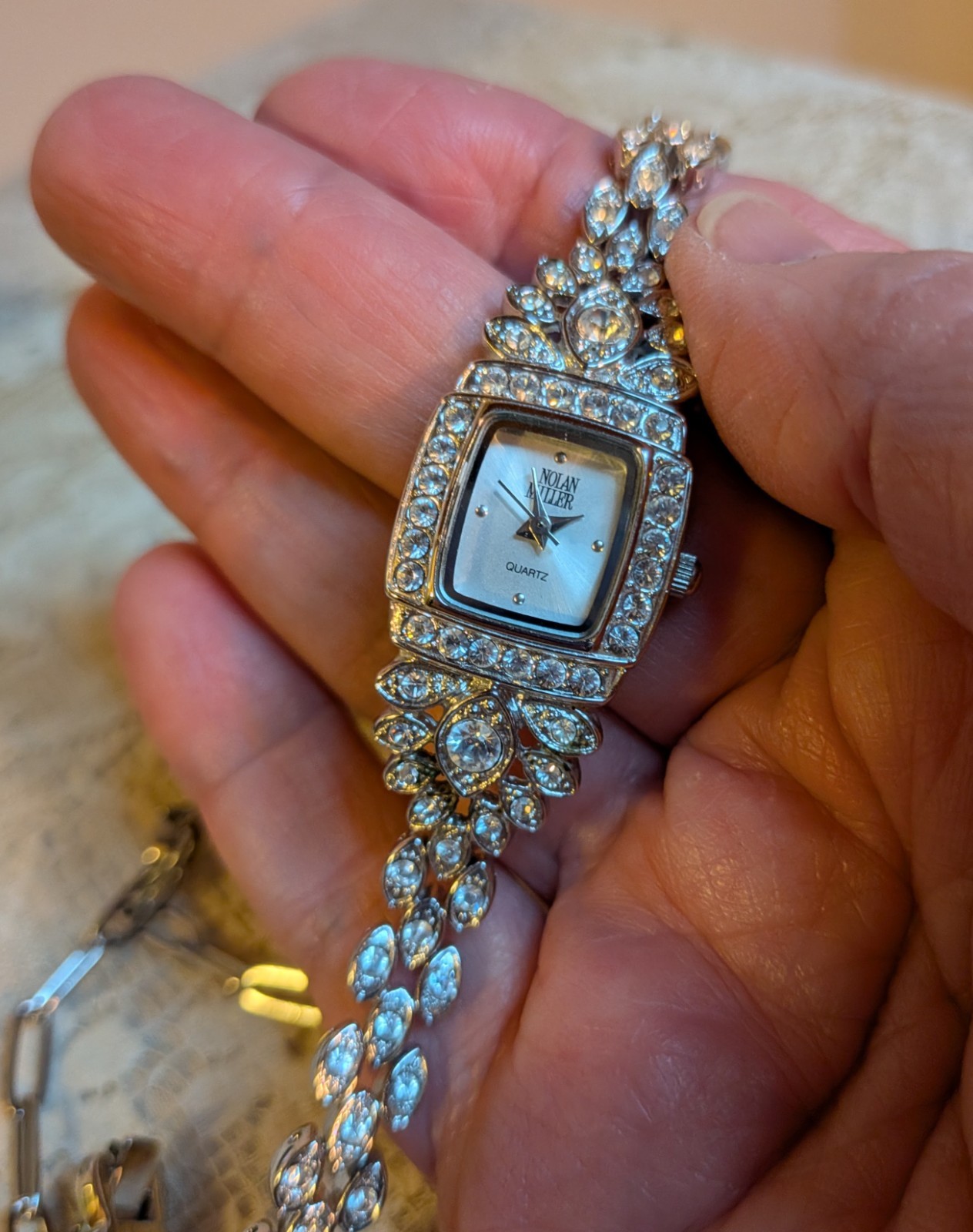 Vintage Non-Working Nolan Miller Silver Tone Qtz Watch Choker w/Rhinestones