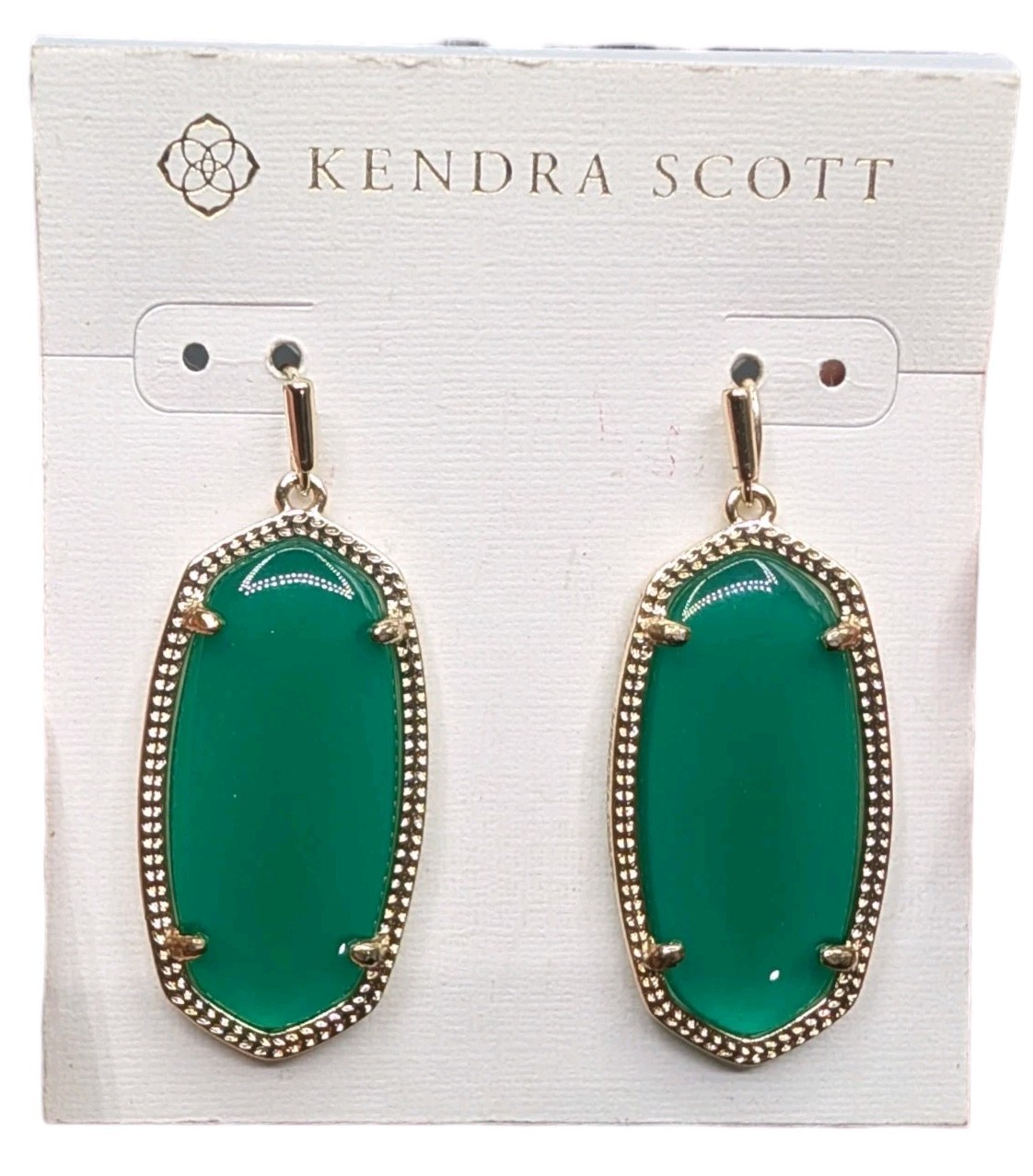 Kendra Scott Elle Green Dangle Drop Gold Tone Earrings On Card