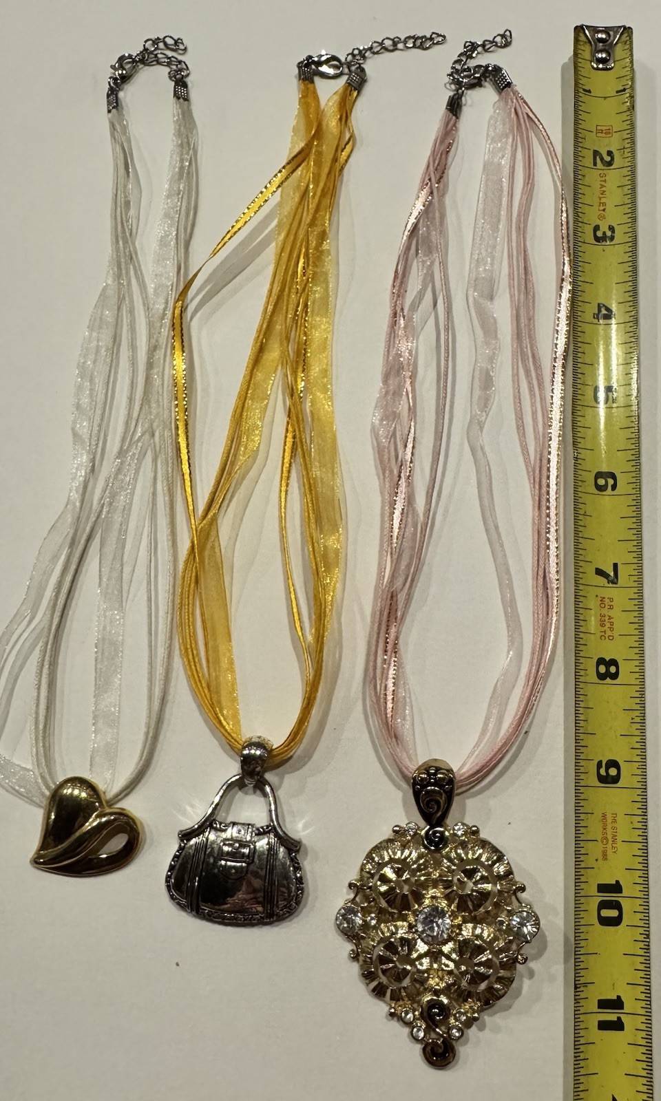 3 Pc Ribbon Cord Pendant Necklace Lot Heart Purse Rhinestone Statement Jewelry