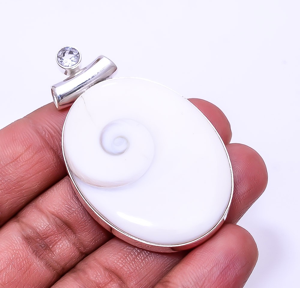 Natural Shiva Eye Shell & White Topaz 925 Sterling Silver Pendant 2.15″ P38