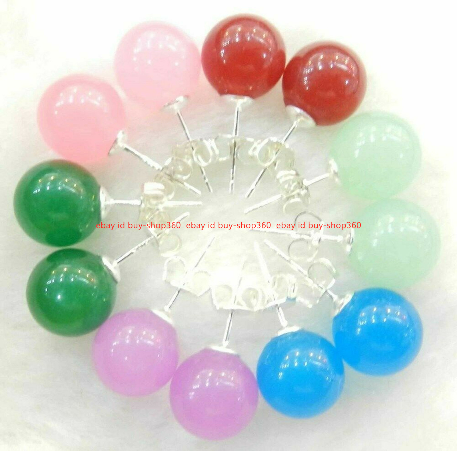 Wholesale 6 Pairs 10mm Jewelry Multicolor Jade 925 Sterling Silver Stud Earrings