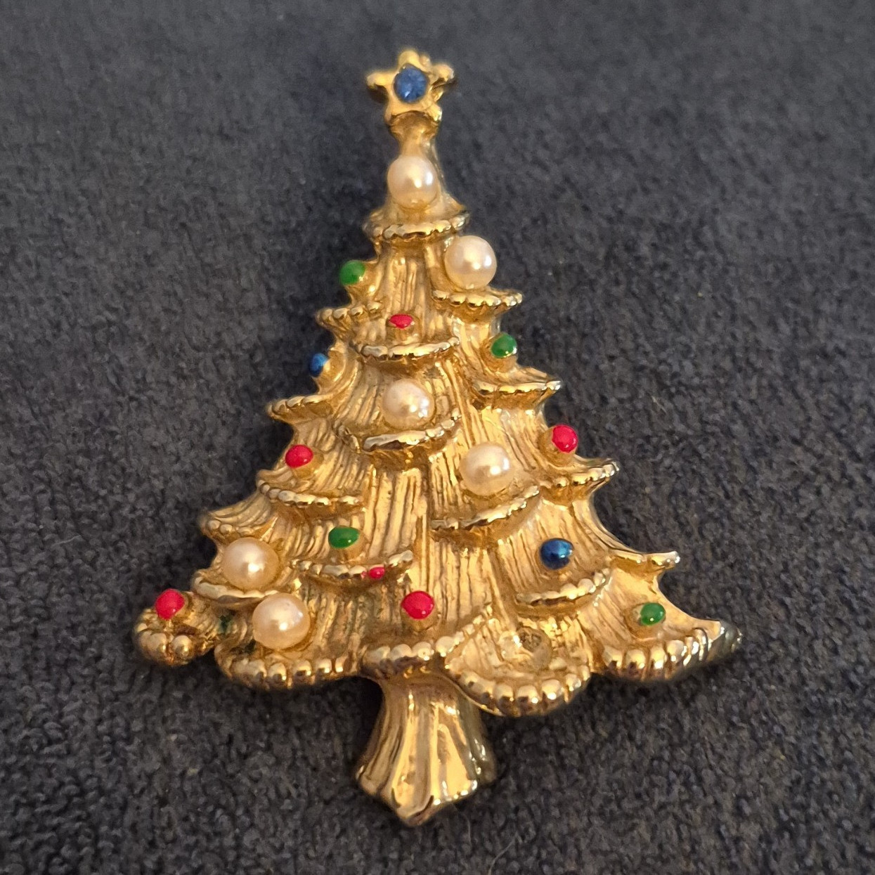 Gold Tone Christmas Tree Brooch Pin, Multicolor Metal with Faux Pearl Accents