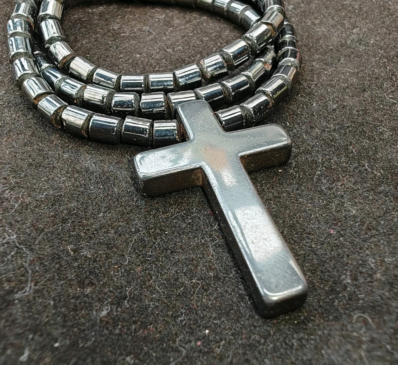 Hematite gun metal grey Cross bead gemstone necklace Christian Religious