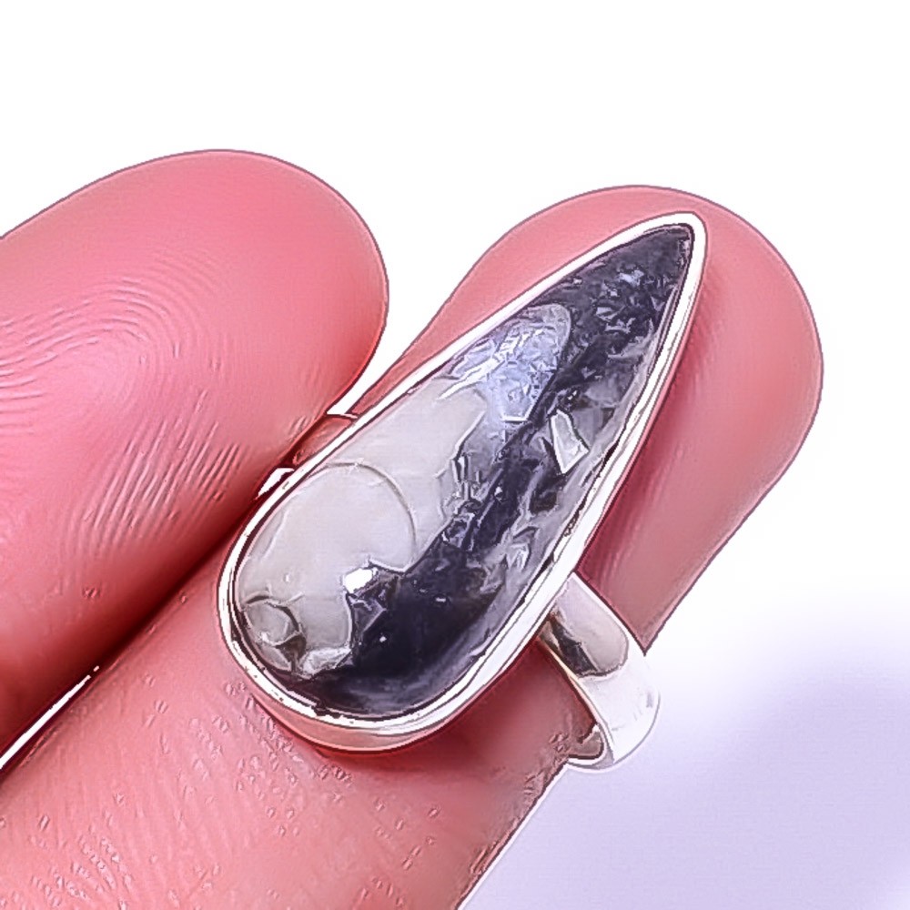Fossil Orthoceras – Morocco 925 Silver Plated Jewelry Ring s.8 T963