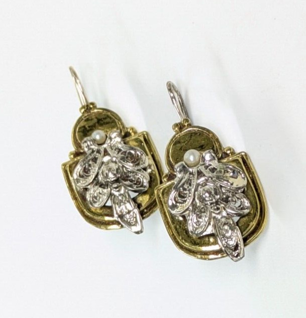 Artisan Handmade Brass & Sterling Seed Pearl Regal Style 1 5/8″ Pierced Earrings