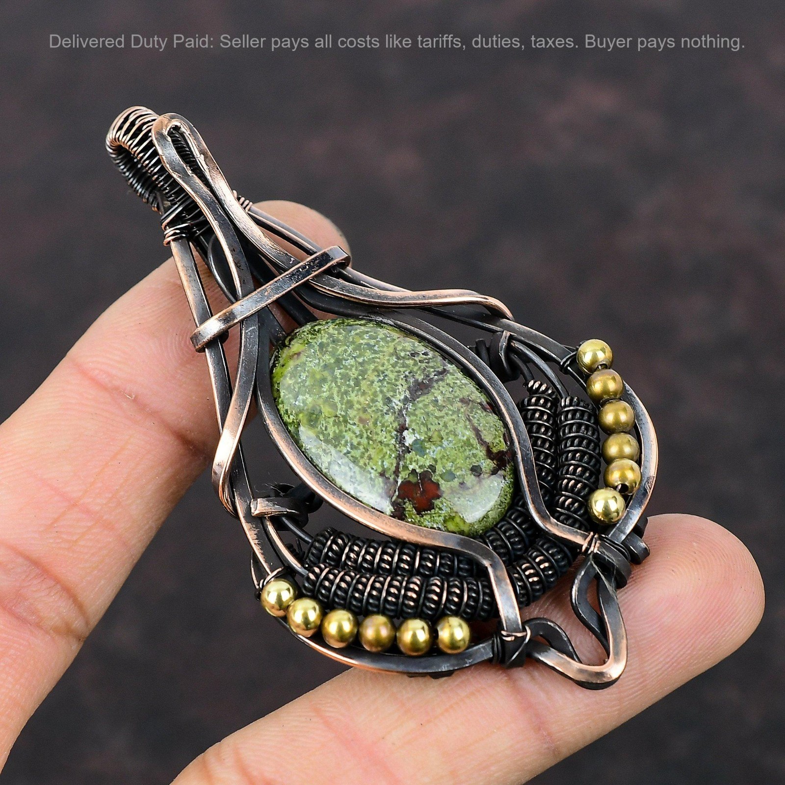 New Year Sale Oval Natural Dragon Bloodstone Copper Wire Wrapped Pendant Jewelry