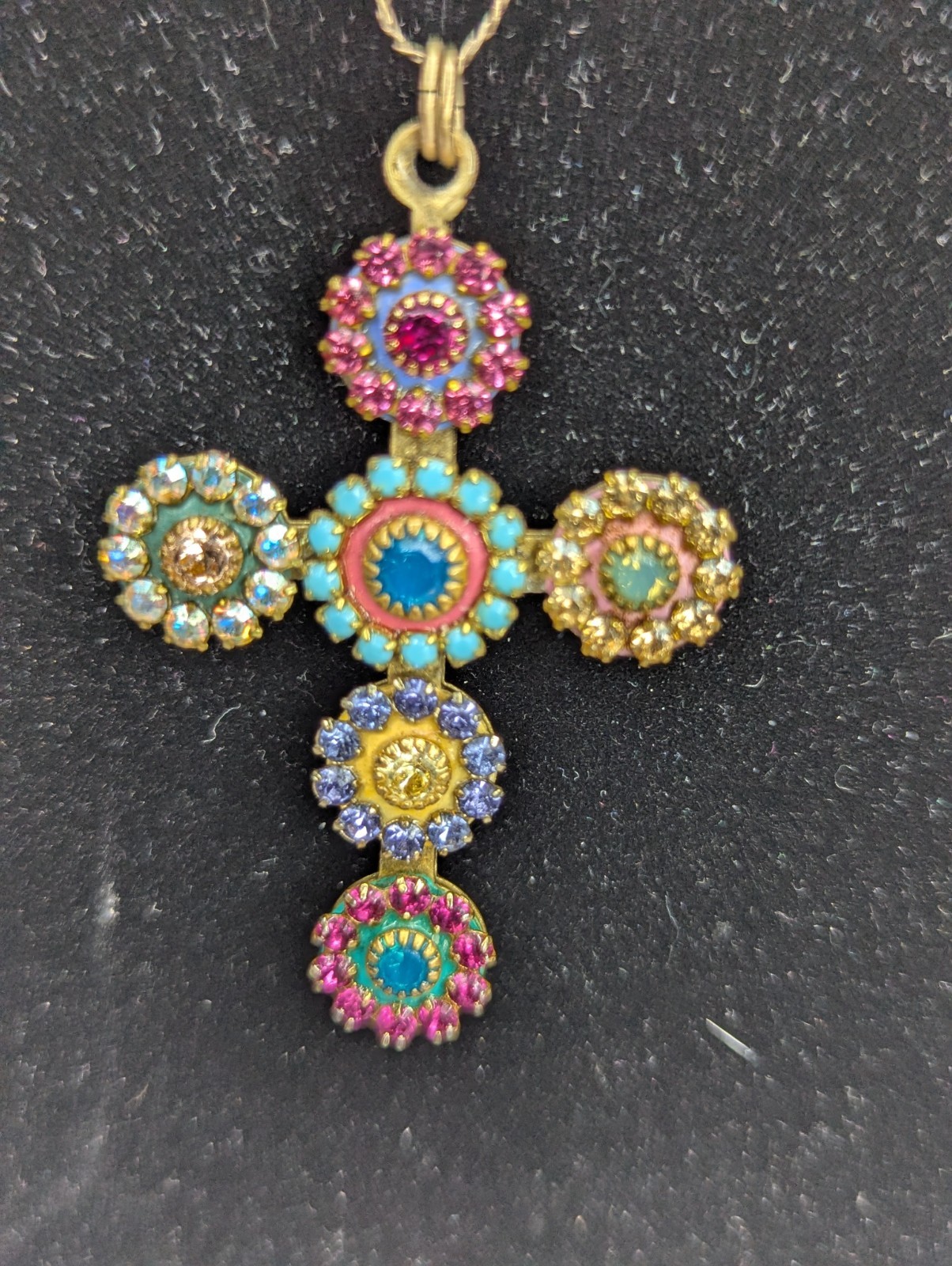 Michal Golan Signed Pastel Floral Crystal Multicolored Gem Cross Necklace