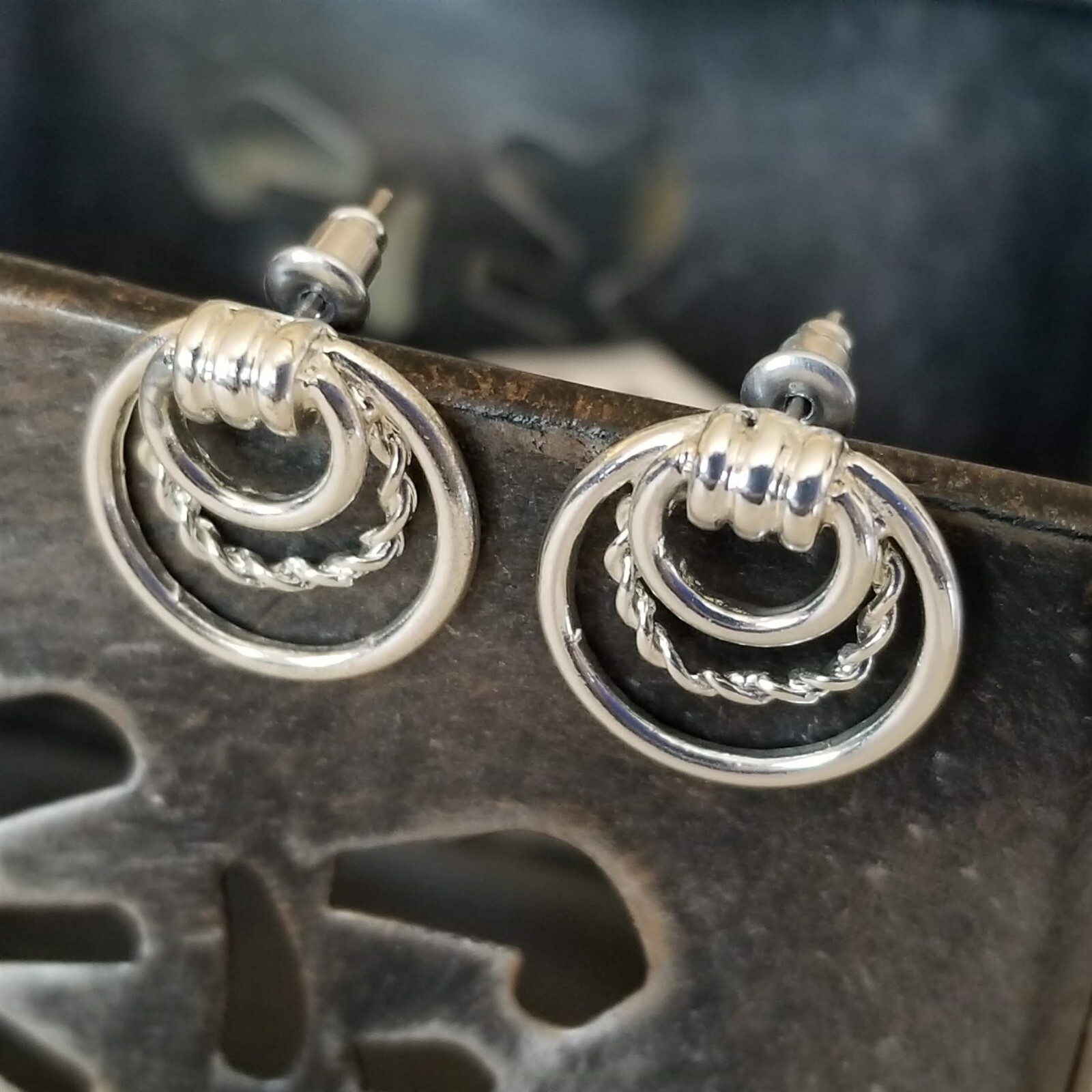 Art Deco Circles Hoop and Twist Sterling Silver Plated Stud Earrings