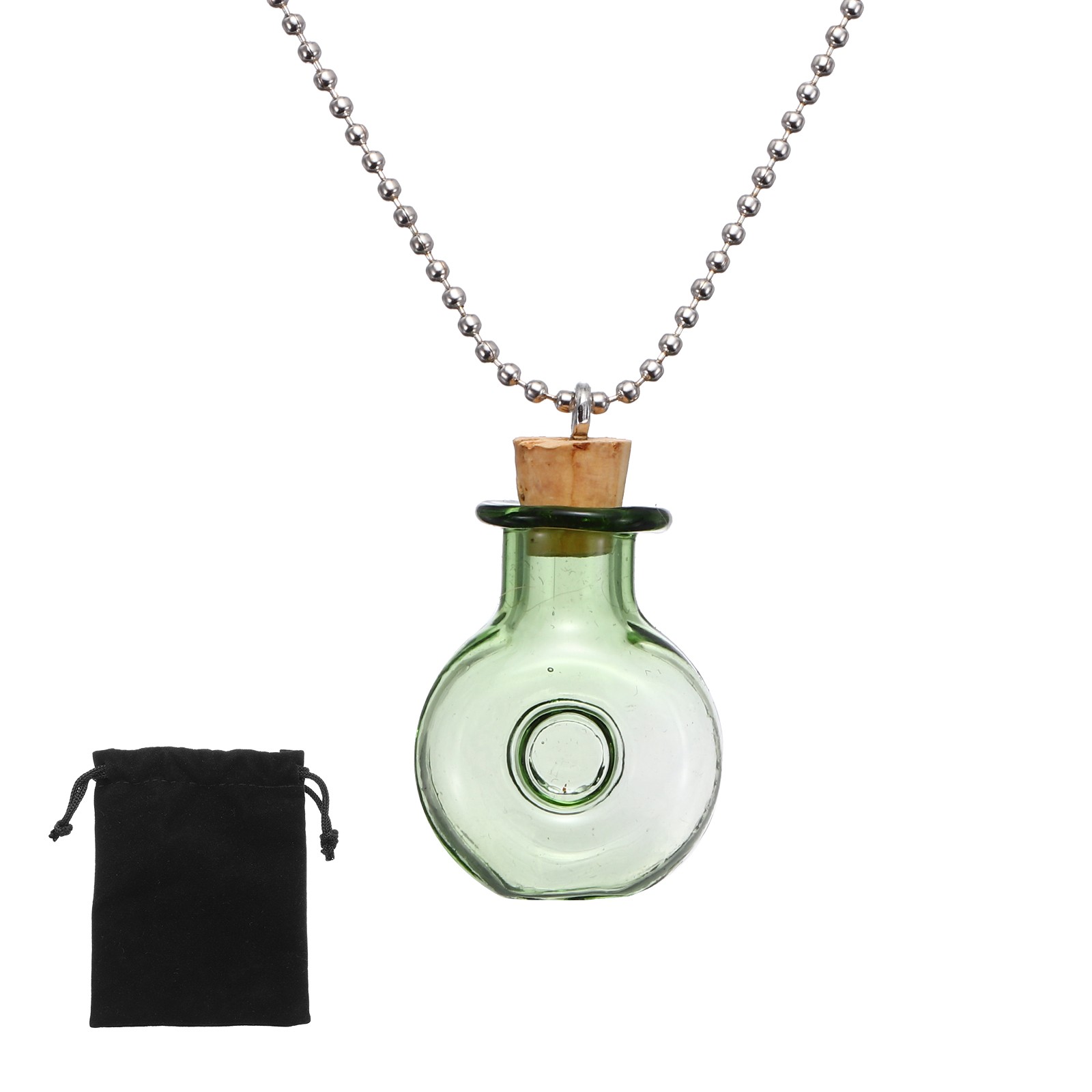 26mm Vial Necklace with Cork Stoppers Black Velvet Bag, Wine Shaped, Green