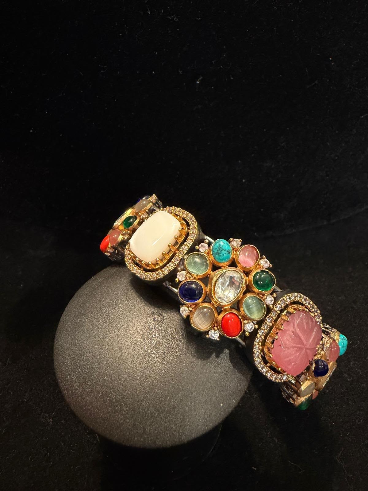 Navratan Openable Kada Bracelet, Sabyasachi Inspired Cuff, Multicolor Gemstone