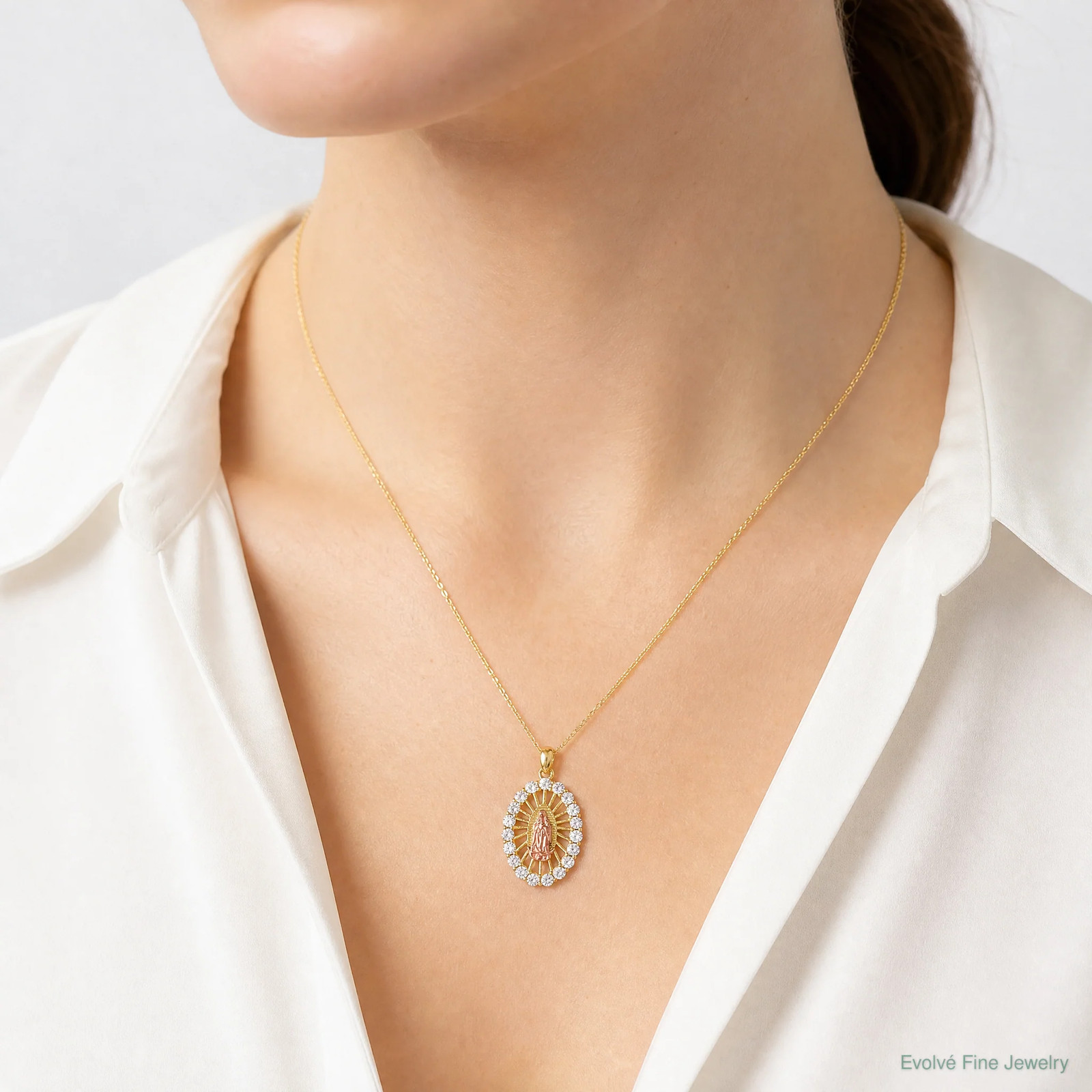 Sterling Silver Gold And Rose-Tone CZ Our Lady Of Guadalupe Oval Pendant