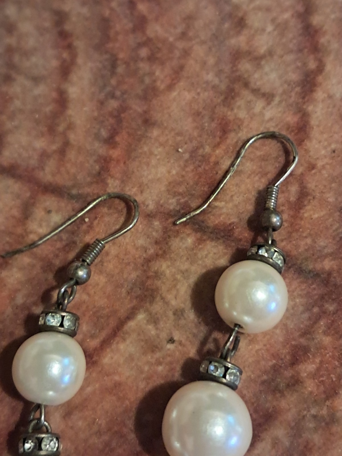 Vintage Classic White Faux Pearl Dangle Drop Hook Earrings Rhinestone Spacers