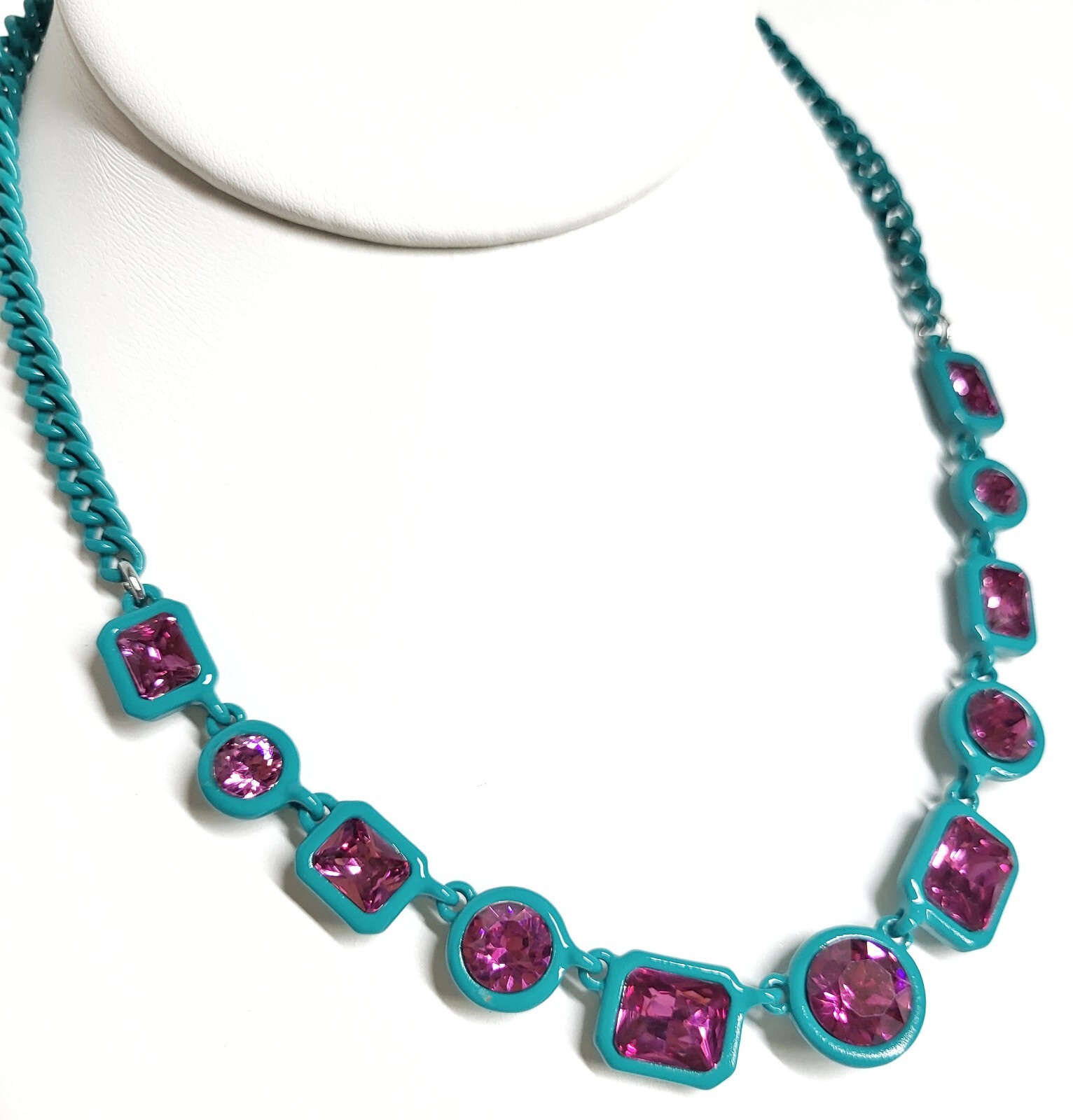 Karl Lagerfeld Crystal Chain Statement Necklace Green Fuchsia Plated Brass NWT
