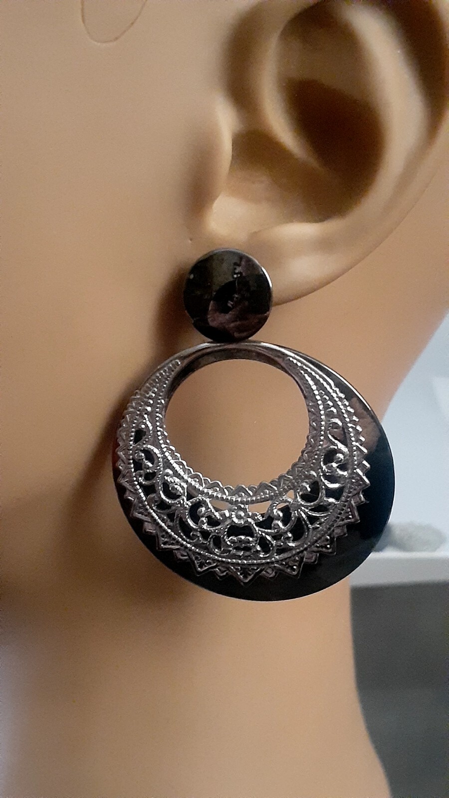 Metallic Gun Metal Grey Silvertone Double Round Door knocker Earrings